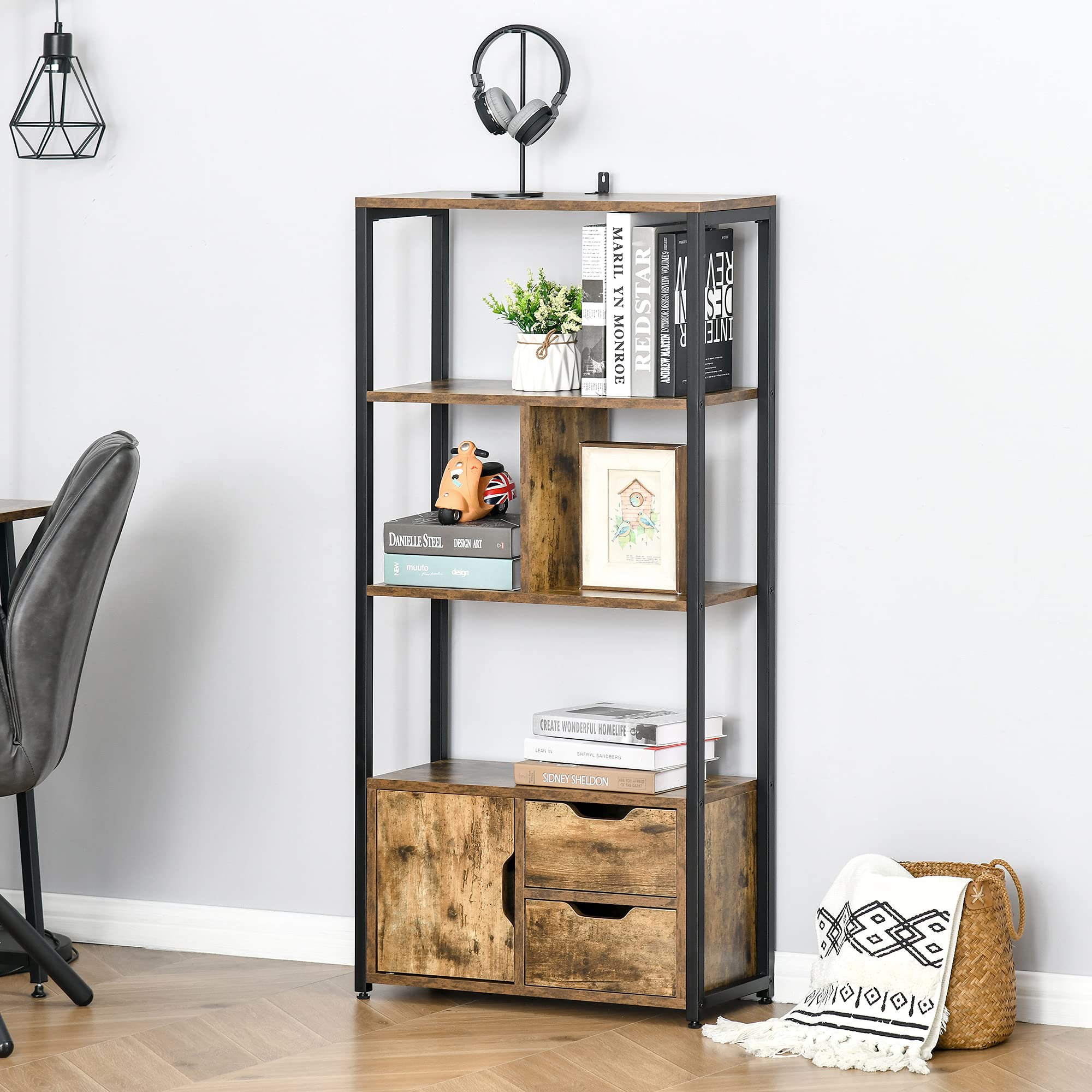 HOMCOM Librería, Estantería para Libros con 4 Estantes, 2 Cajones y Puerta, 58x24x122 cm, Estantería Industrial para Salón, Dormitorio, Estudio, Oficina, Marrón Rústico