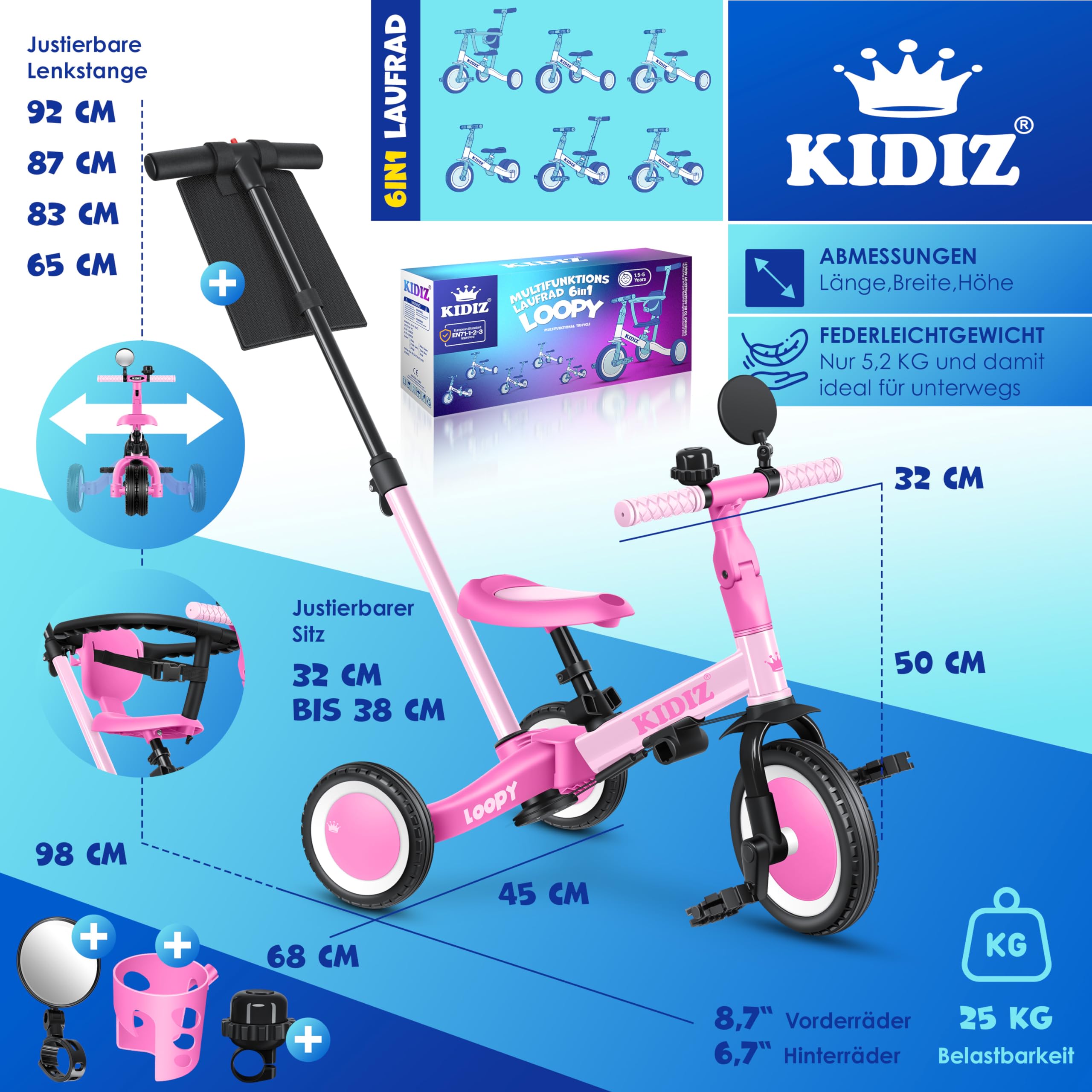 KIDIZ® 6in1 Balance Bike - Triciclo, Triciclo per Bambini, da 1 a 5 anni, capacità di carico fino a 25 kg, incl. Manubrio/Barra di sicurezza/Cintura di sicurezza/Campana e Specchio, Rosa