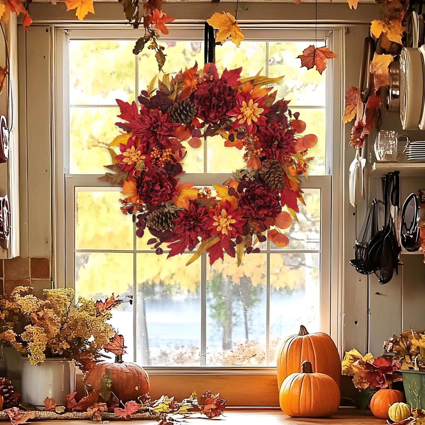 Briful Couronne d'automne 60 cm - Couronne de fleurs de dahlia artificielles - Couronne de fleurs de pin artificielles avec pommes de pin - Pour porte d'entrée - Décoration murale