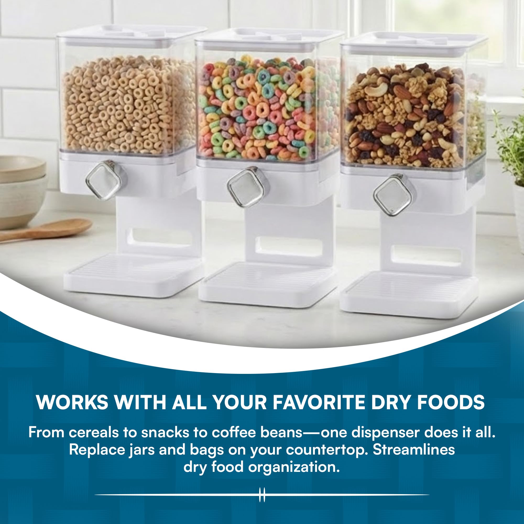 Honey Can Do Dispenser singolo Zevro per alimenti secchi, edizione compatta, plastica, Bianco/Trasparente, Bianco/Cromato