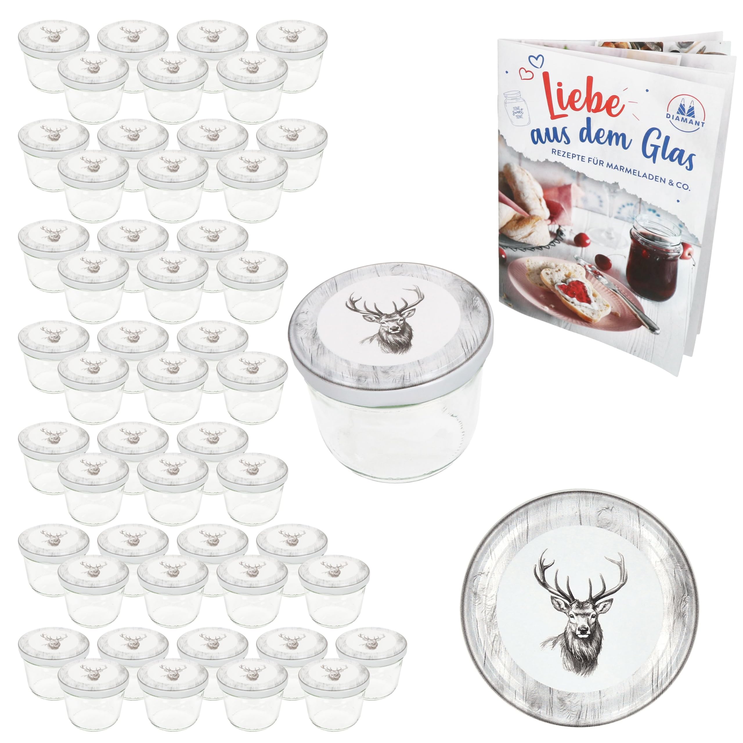 MamboCat Lot de 50 bocaux en verre de 230 ml avec couvercles à visser Alois Cerf I Bocaux de conservation + jusqu'à 82 couvercles + livret de recettes gratuit I Bocaux de conservation et conservation