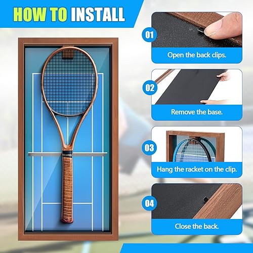 Miniatura 4 de Chunful Marco de exhibición de raqueta de tenis de madera, soporte de almacenamiento de raqueta de tenis montado en la pared con base de nogal