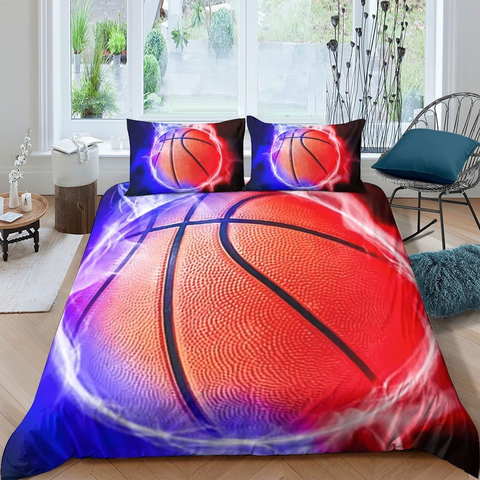 GPLZQXKJNH 3D Printed Basketball Fire Duvet Cover Set Microfiber Breathable Bedroom Decor Sports Bedding with 2 Pillowcases Single（135x200cm）