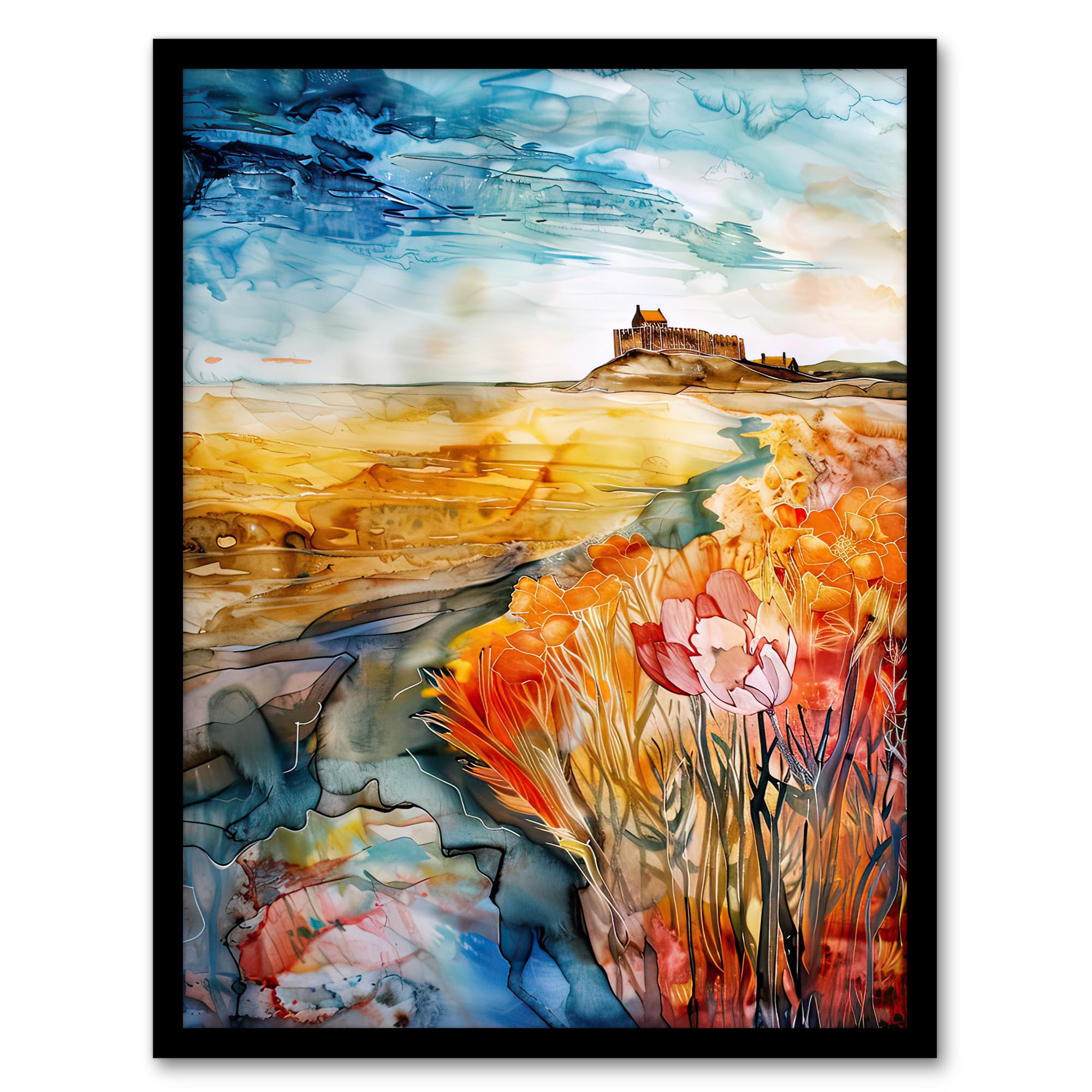 Artery8 Colourful Watercolour Bamburgh Castle View Floral Living Room Artwork Framed Wall Art Print 18X24 Inch