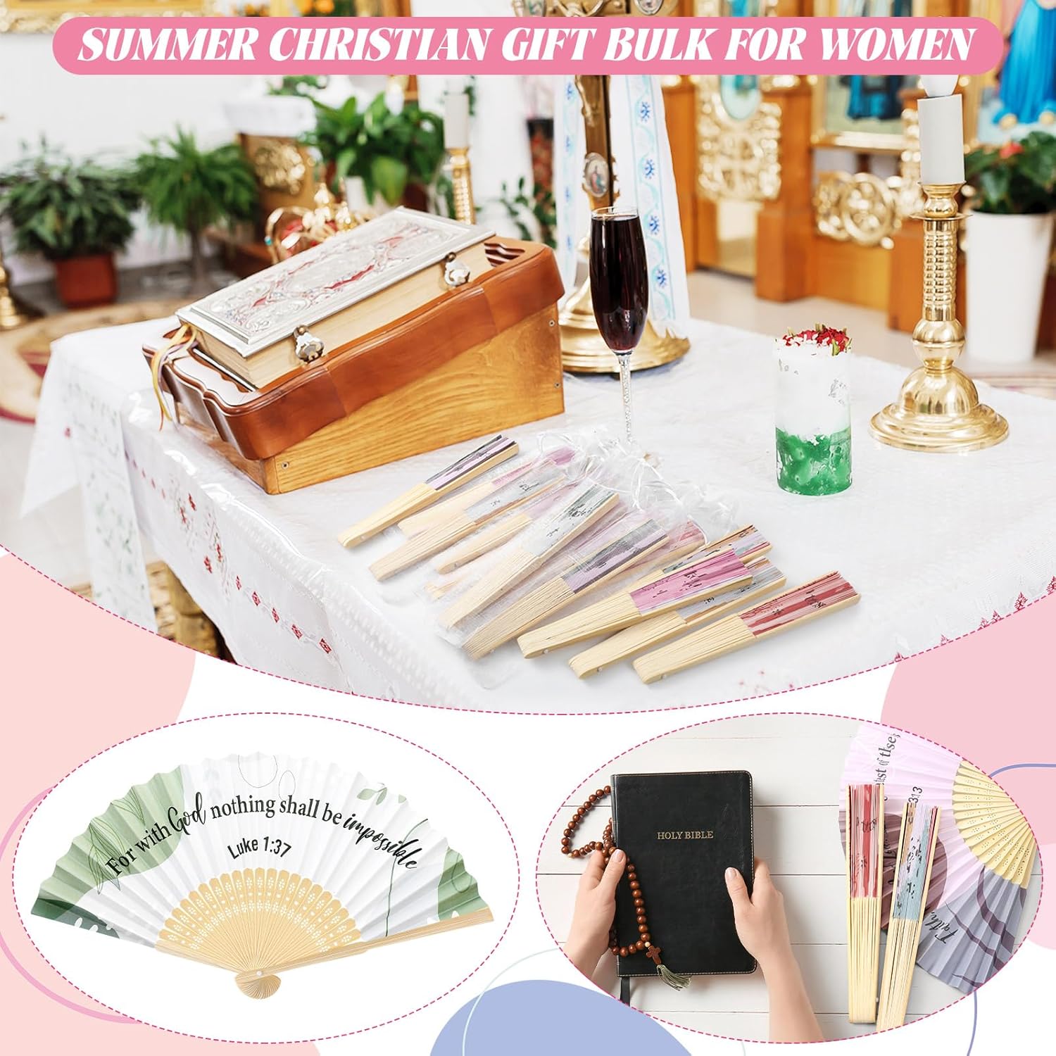 Karenhi 30 Pcs Boho Christian Church Paper Fans Bulk Foldable Religious Christian Bible Handheld Fans with Organza Bag for Women Church Gift Decorations