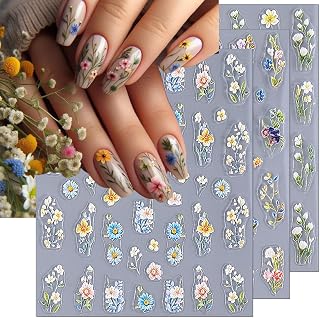 Embossed Flower Nail Art Stickers - Daisy Floral Leaf Self-Adhesive 5D Nail Decals for DIY Spring Summer Manicure (3 Sheets)