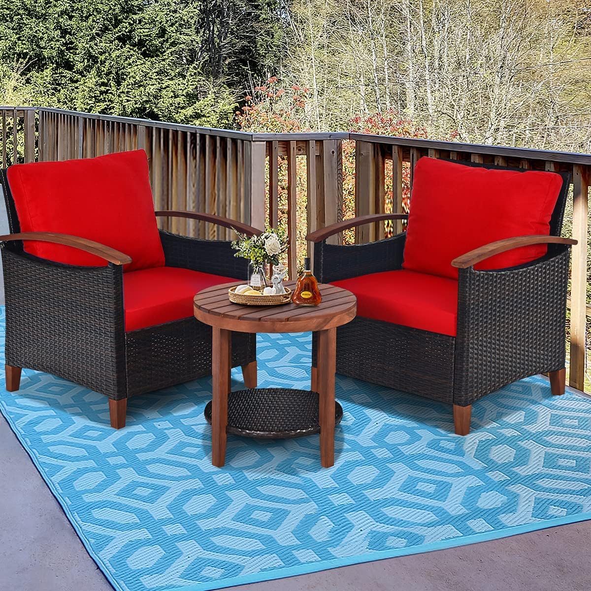 HAPPYGRILL 3 Pieces Patio Conversation Set Outdoor Rattan Wicker Sofa Set with Cushion and Acacia Wood Frame Table and Chairs Set for Garden Poolside Balcony