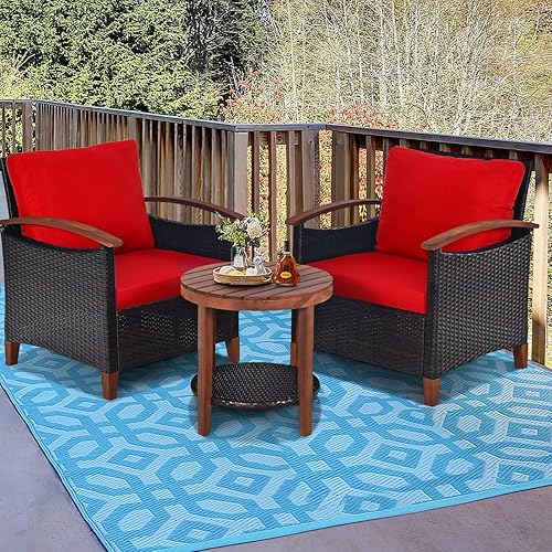 Miniatura 10 de HAPPYGRILL Juego de muebles de ratán de 3 piezas, juego de sofá de mimbre con cojín y marco de madera de acacia, juego de mesa y sillas para jardín,