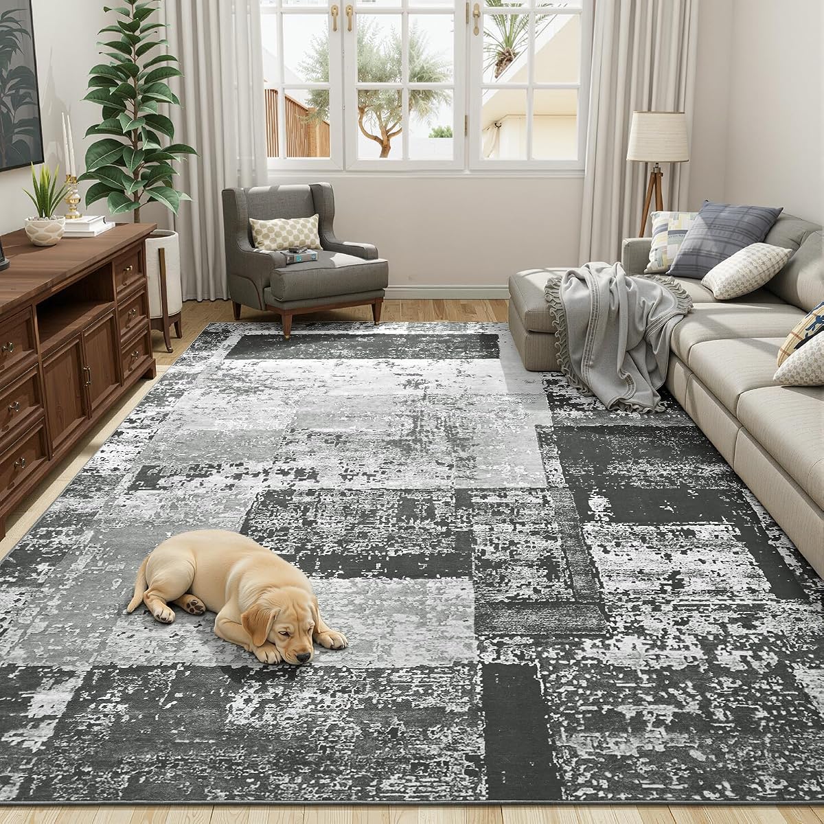 Rug for Living Room 6x9, Washable Area Rugs for Bedroom Black Grey | Non Slip Abstract Carpet for Indoor Office Kids Dining Room Nursery Floor, Geometric Vintage Home Decor, Pet Child Friendly
