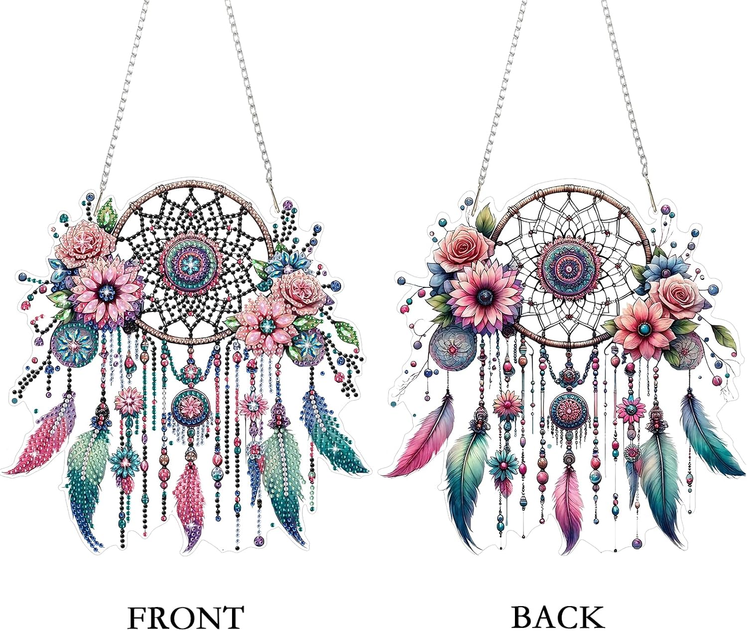 DIYDeligths DIY Diamond Art Painting Dream Catchers Pendant Hanging Ornament for Adults with Accessories Double-Sided Pattern Single Sided Dot-Drill Pendant Window Garden Decor (Flower Feather)