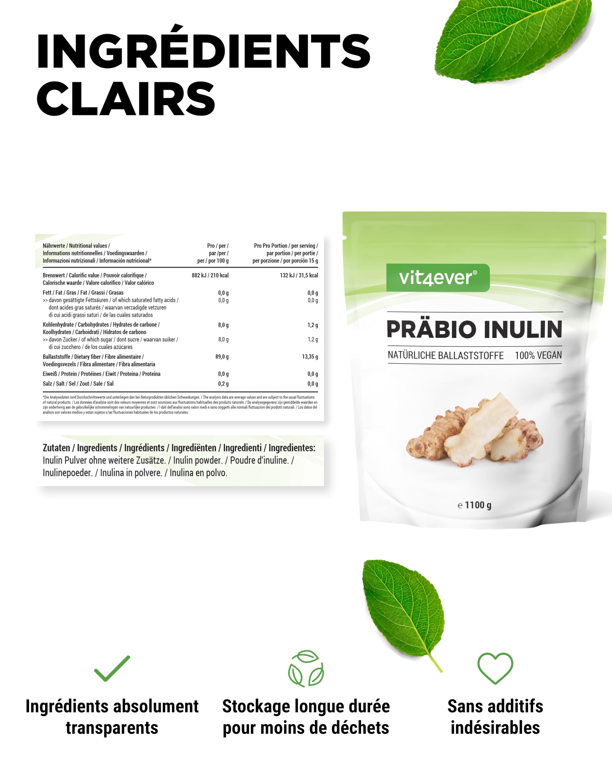 vit4ever Poudre d’Inuline Prébiotique - 1100 g (1,1 kg) - Haute Teneur en Fibres - Prébiotique - Contrôlé pour les Résidus - Origine Europe - Naturellement Issue de la Racine de Chicorée - 100% Végan