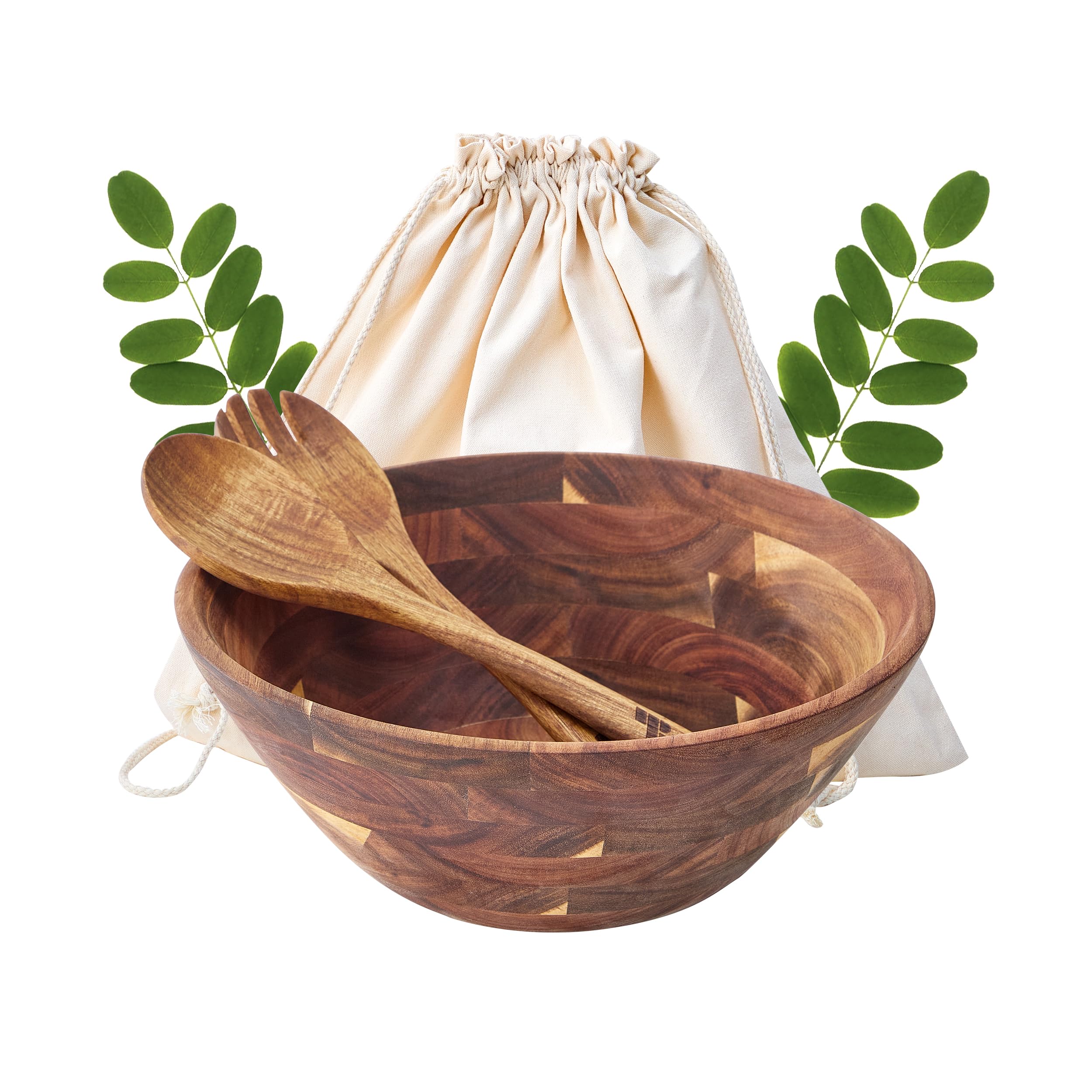 Wooden Salad Bowls with Serving Utensils, Large 12.5' Acacia Wooden Bowls for Food, Perfect as Fruit...