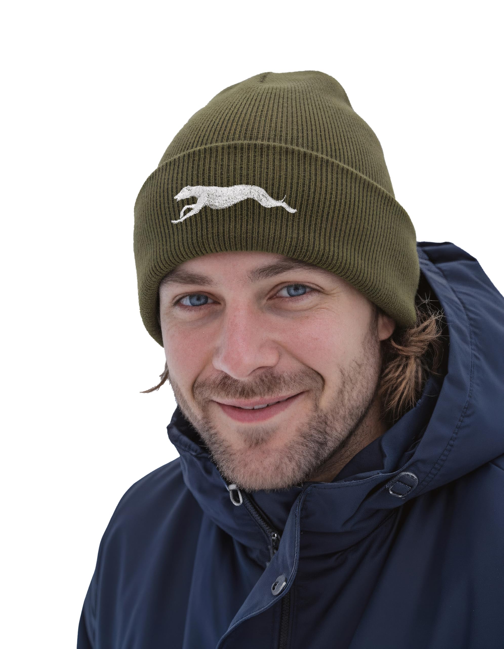 The House Of Dog Greyhound Lurcher Owner Gift. Classic Cuffed Unisex Beanie Ski Hat with Embroidered Design. Olive