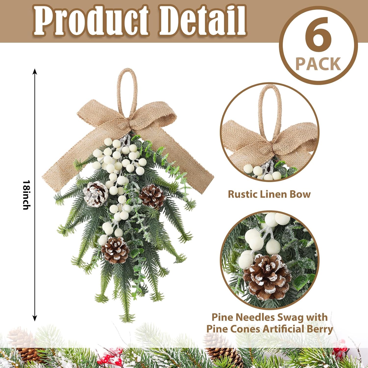 6 Pcs Artificial Christmas Teardrop Swag 18" Green and White Frosted Greenery Teardrop Wreath with Pine Cones Berry Clusters Burlap Bow Ribbon for Xmas Front Door Table Mantle Fireplace Decor