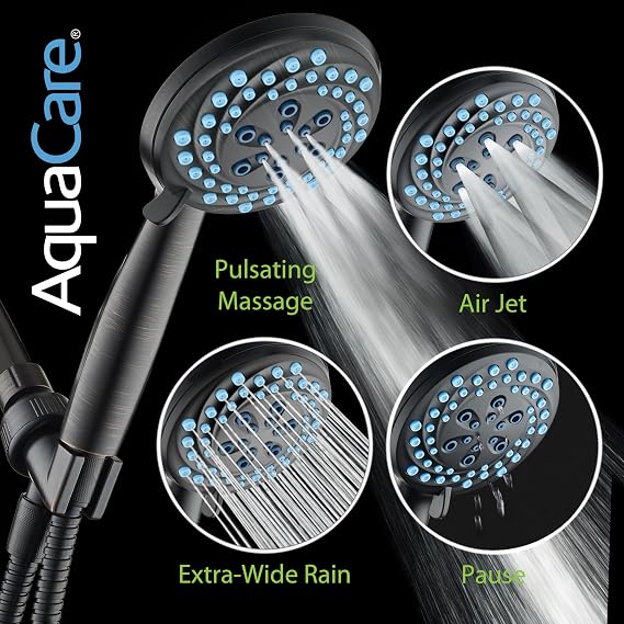 AquaCare Seen-On-TV High Pressure 8-mode Handheld Shower Head - 2-mode Power Wash to Clean Tub, Tile & Pets, Stay-Clean Nozzles, Extra Long 6 ft. Stainless Steel Hose, Wall & Overhead Brackets,Bronze
