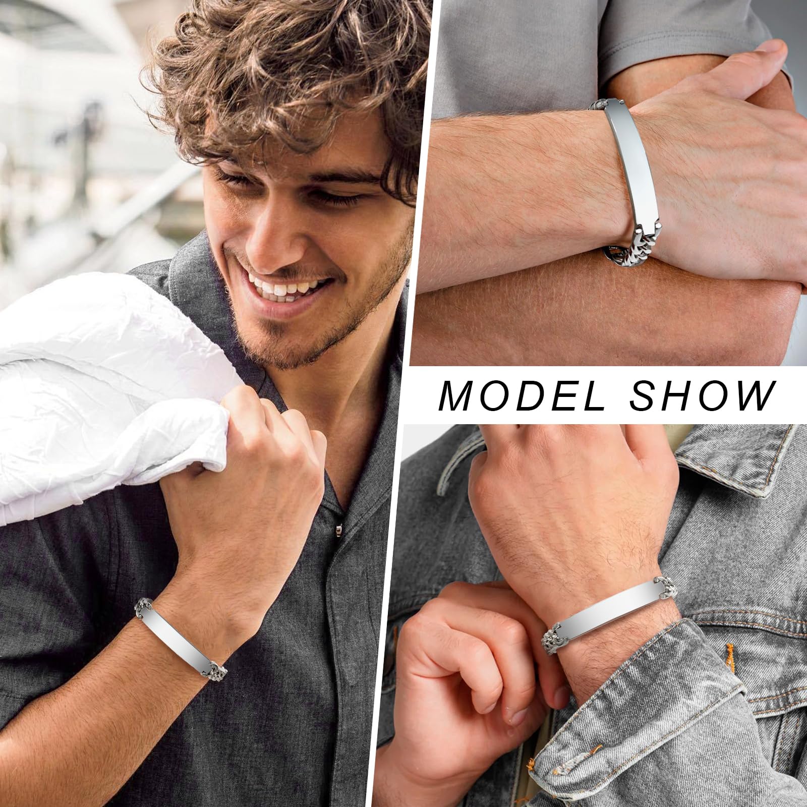 Bracelet Homme Personnalisé Chaîne Gourmette - Classique Bracelet Polissage Acier Inoxydable Bijoux Homme Cadeau Fête des Pères Saint Valentin Anniersaire Noël Gourmette Homme Personnalisable 21cm