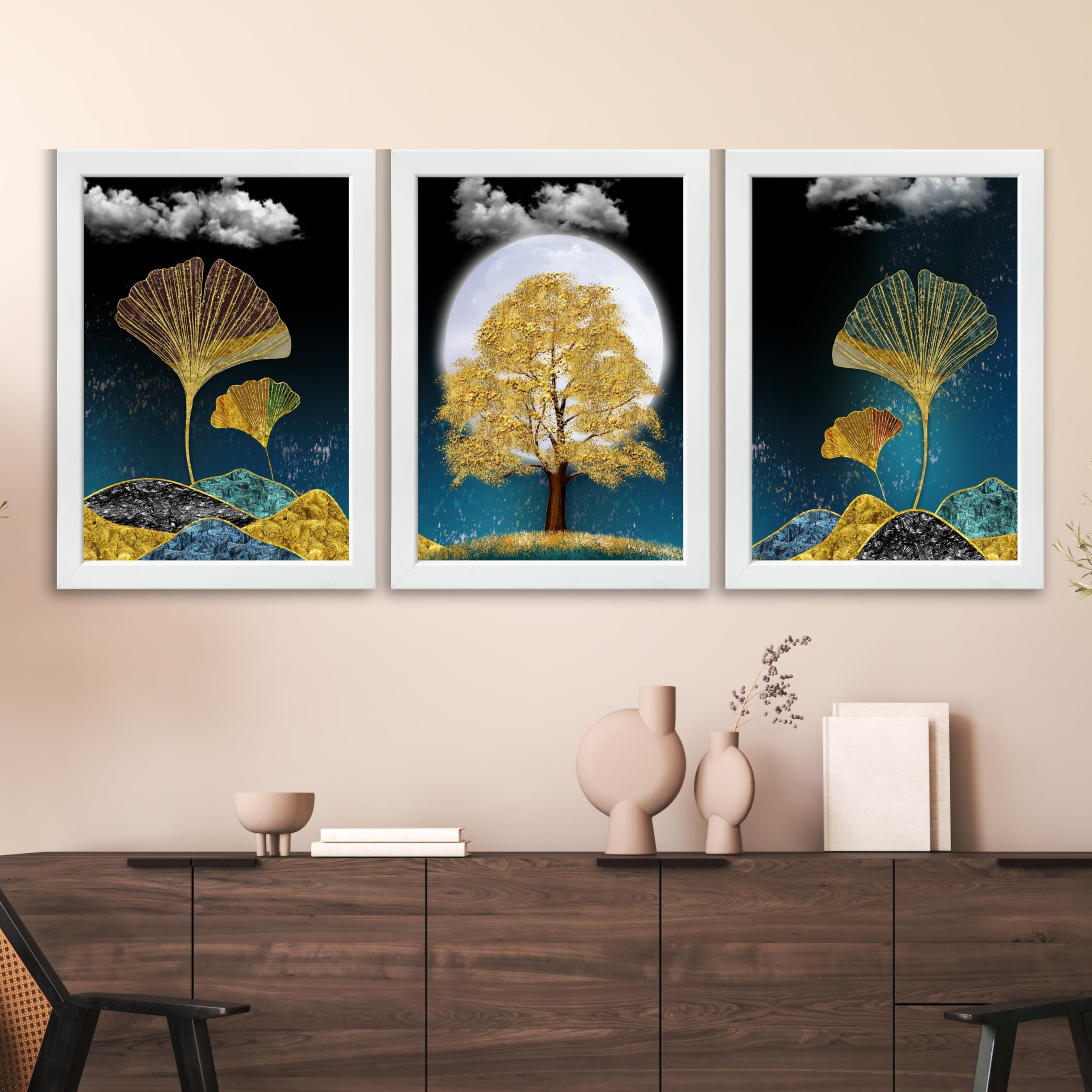 CRAFT QUEST Modern Art Mural With Golden Christmas Trees Wall Art | Set of 3 Frames for Home Decoration | Ideal for Living Room, Bedroom & Offices (White, 10 X 13 Inch Each Frames)