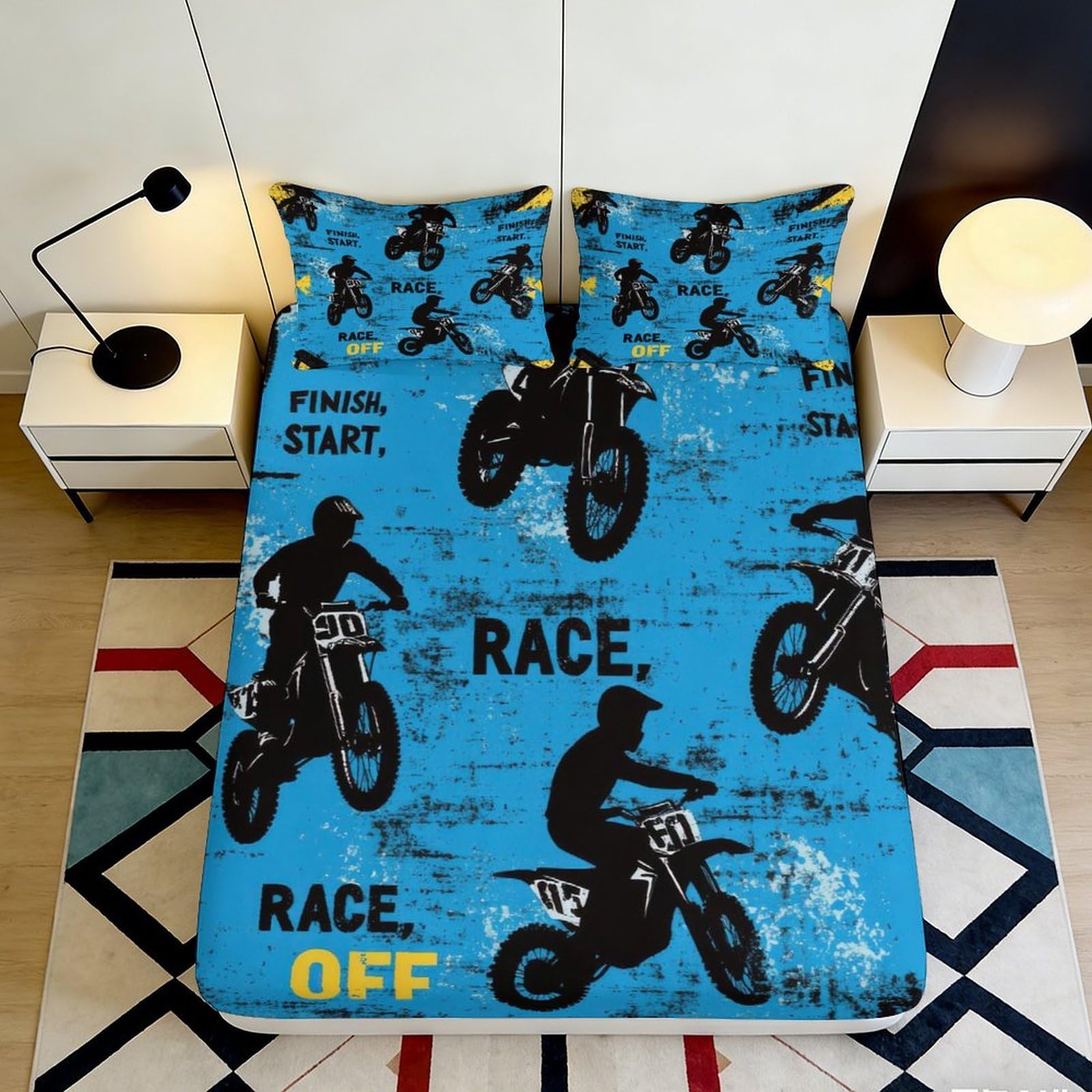 3D Printed Motocross Fitted Sheet Microfiber Blue Racing Motorcycle Bed Cover for Bedroom Guest Room Mattress Protection Decor 90x200x25cm