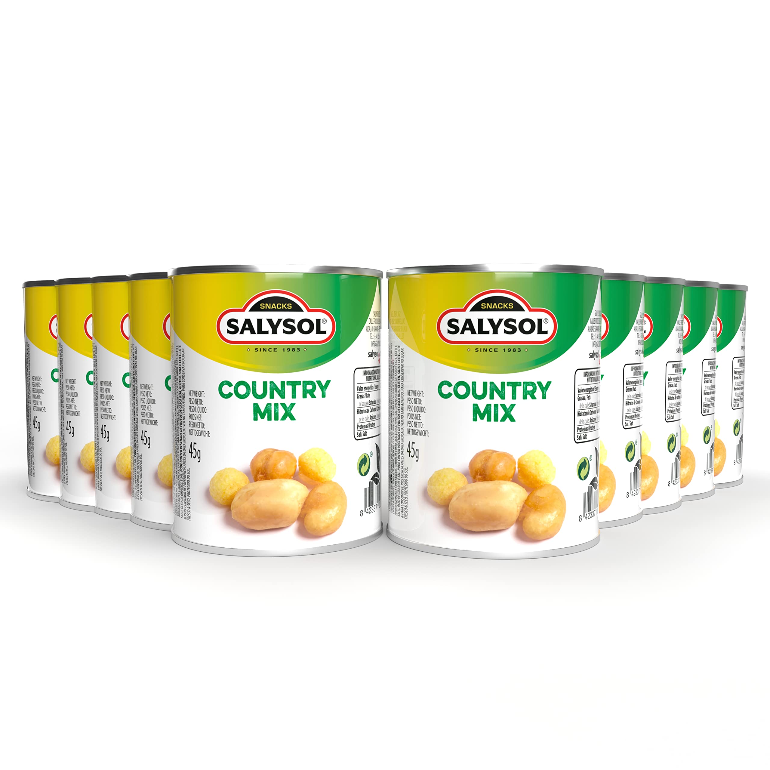 SALYSOL Country Mix Cacahuetes Habas Garbanzos Bola de Maíz Aceite de Girasol Snacks Envasados al Vacío