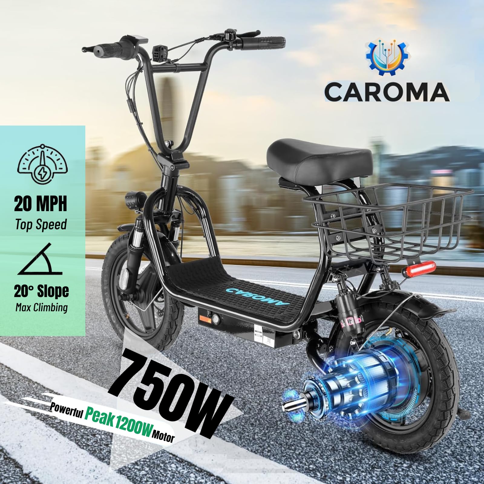 2Pcs Caroma Electric Scooters with Seat, Peak 1200W Electric Scooters for Adults, 500Wh Battery, 30 Miles Range, 20 MPH Top Speed, 14