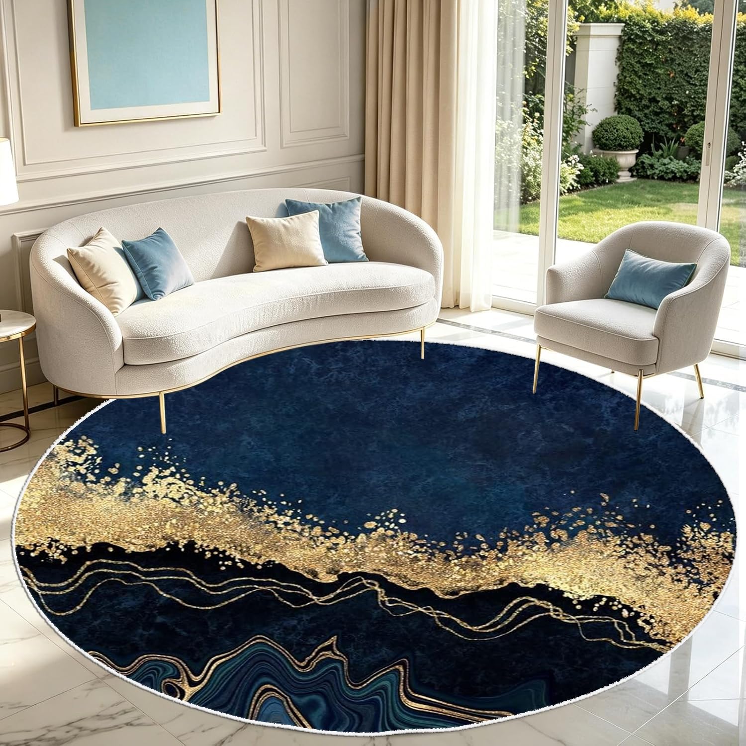 PDENZG Luxury Marble Area Round Rug,200cm,Modern Black Grey Gold Abstract Rugs,Ink Fluid Circular Marble Carpet, Washable Non-Slip Gold Carpet Mat for Living Room Bedroom Dining Room Circle Rug