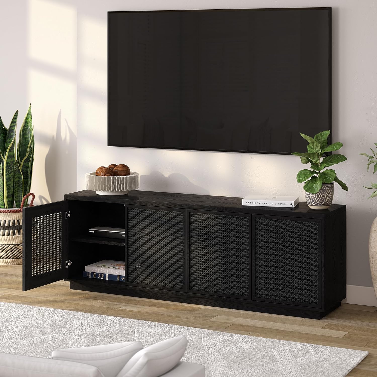 Henn&Hart TV Stand for TVs up to 78" with 2 Concealed Storage Cabinets, Rattan Insert Detailing, and Adjustable Shelves for Living Room, Family Room, or Office, Natural Black