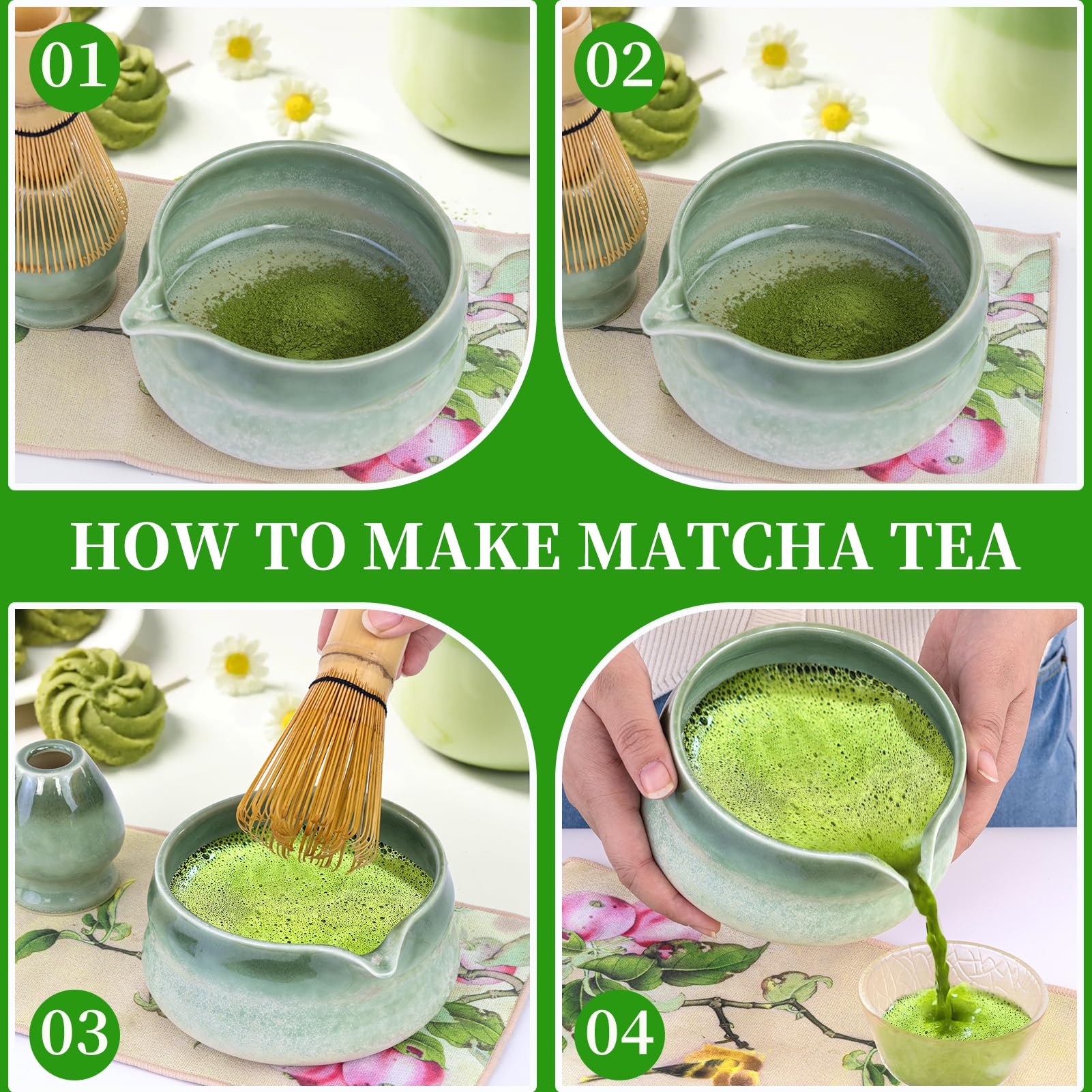 Matcha zestaw 8 sztuk herbaty matcha do przygotowywania kawy z mlekiem | Zestaw miotły do matchy, miska do matchy z dzióbkiem, zestaw trzepaczek do matchy i miska z łyżką i sitkiem, kolor zielony