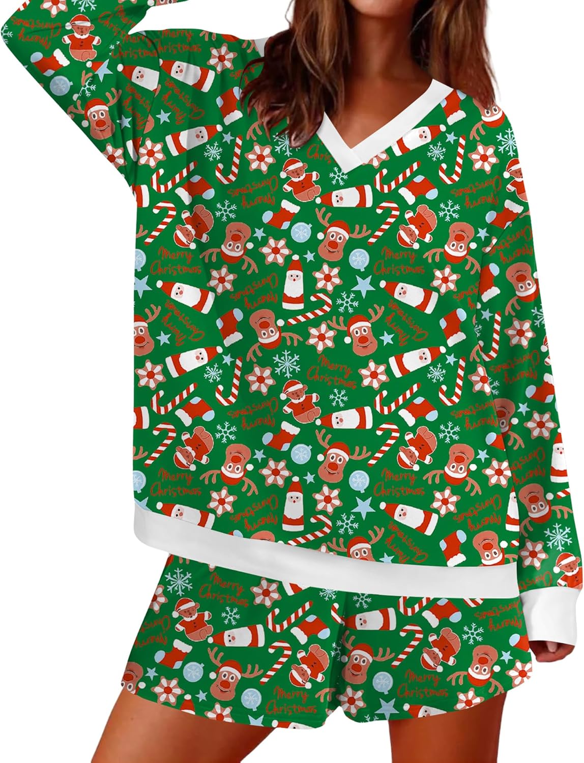 AKEWEI Pajamas for Women Set Green Background Christmas Print 2 Piece V Neck Long Sleeve Top and Shorts Outfit with Pocket - Image 2