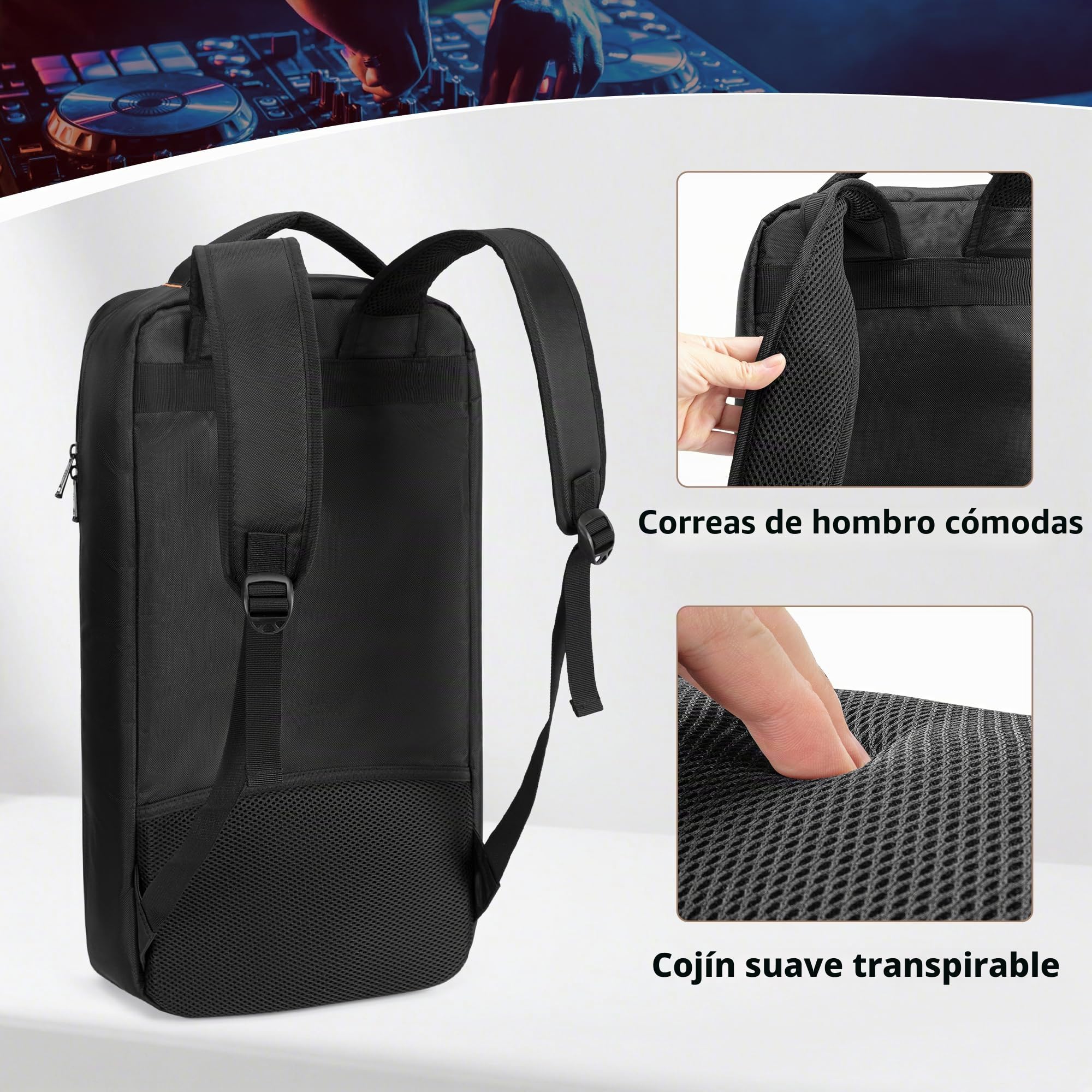 Rexmica Mochila Acolchada para Controladores DJ, Compatible con DDJ 400/DDJ-SB2/DDJ-SB3/DDJ-REV1/DDJ-FLX4, Bolsa con Compartimento para Portátil para Equipos de DJ, Mezcladoras de DJ y Cables