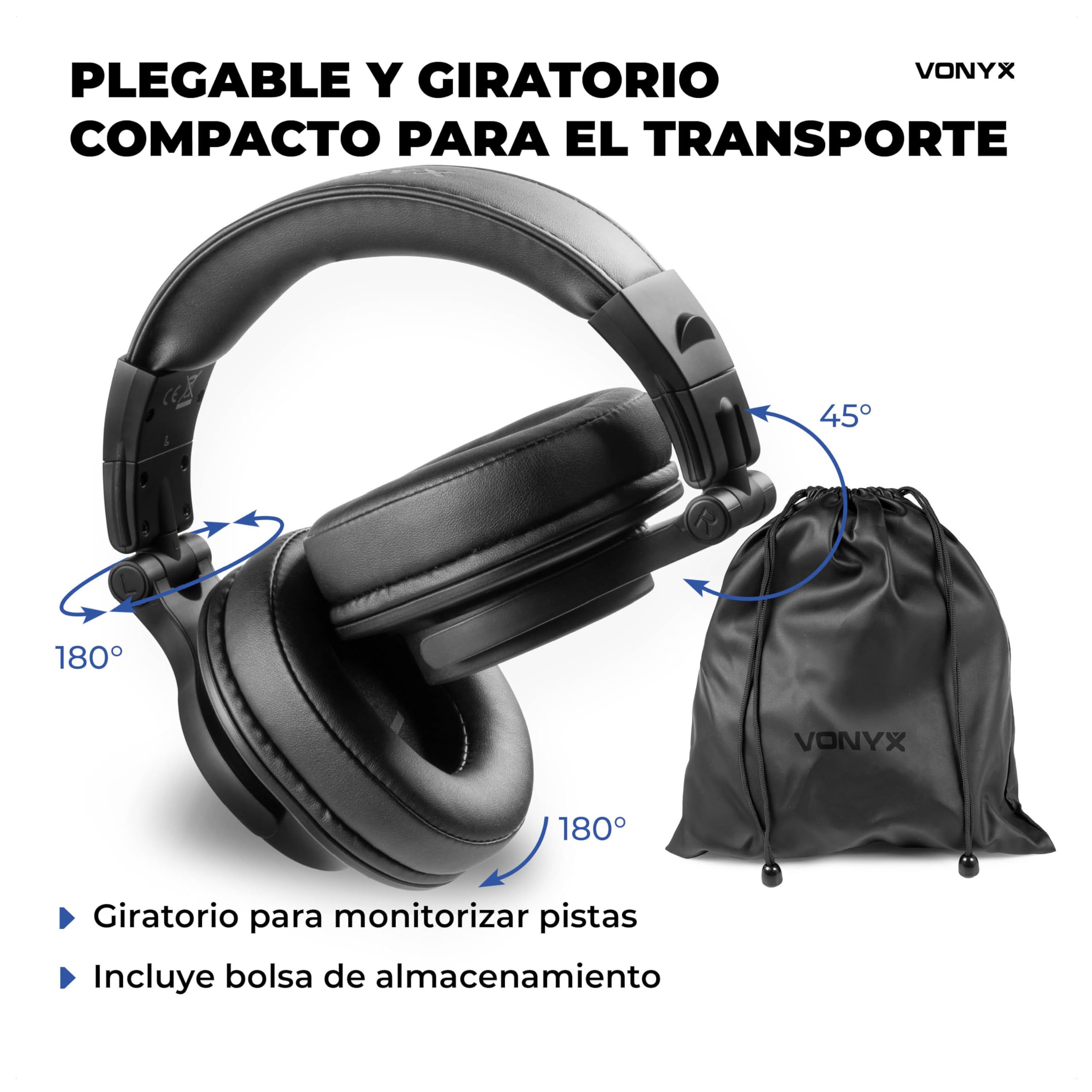 Vonyx HDX120BK – Auriculares DJ con Drivers 40 mm, Dual Ports 3,5 y 6,3 mm, Cable Reversible, diseño Plegable Profesional y Bolsa de Transporte para música y Estudio, Color Negro