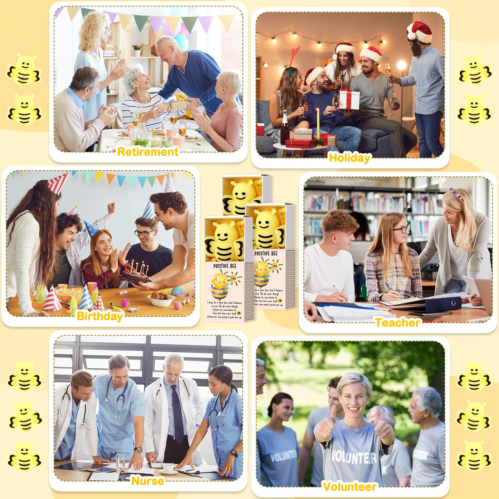 Wettarn 12 Sets Bee Gifts Positive Stress Balls with Support Boxes Bulk Party Favors for Employee Coworker Friends Office Classroom Rewards Cute Inspirational Relief Toys Yellow Desk Decor