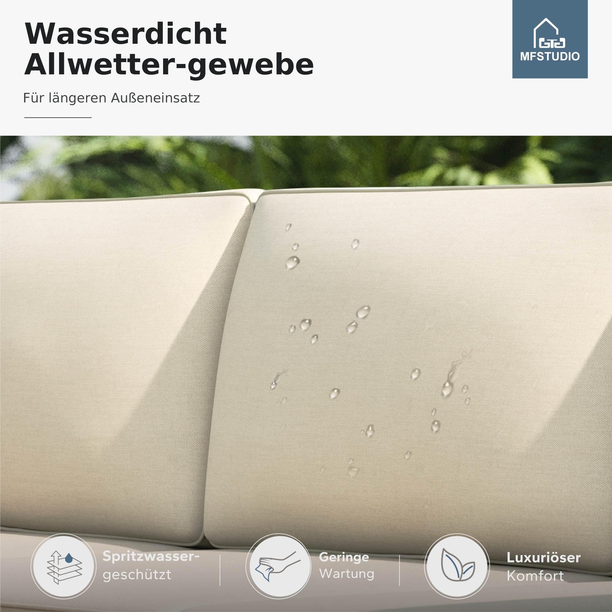 MFSTUDIO 3-Teilig Rattan Gartenmöbel Set mit Beigen Kissen für 4 Personen, Kleines L-Förmiges Outdoor Sofa mit Holztisch, Gartenlounge Set Outdoor für Terrasse, Balkon