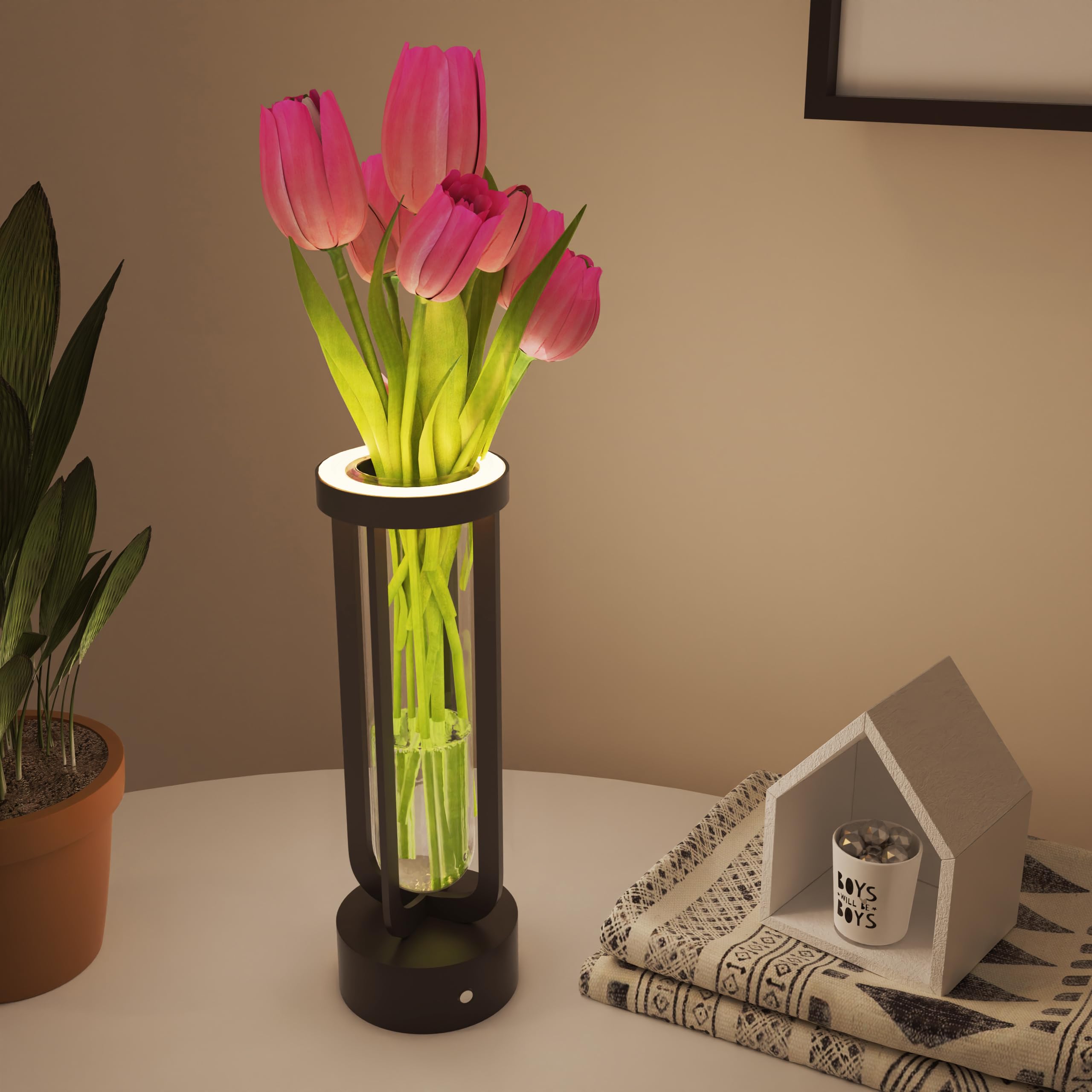 Flower Light with Glass Vase Floral Table Lamp Battery Operated Vases for Flowers USB Charge Dimmable Flower Desk Lamp Perfect for Dining Table Plant Garden Deck Patio Birthday Gift for Women/Mom