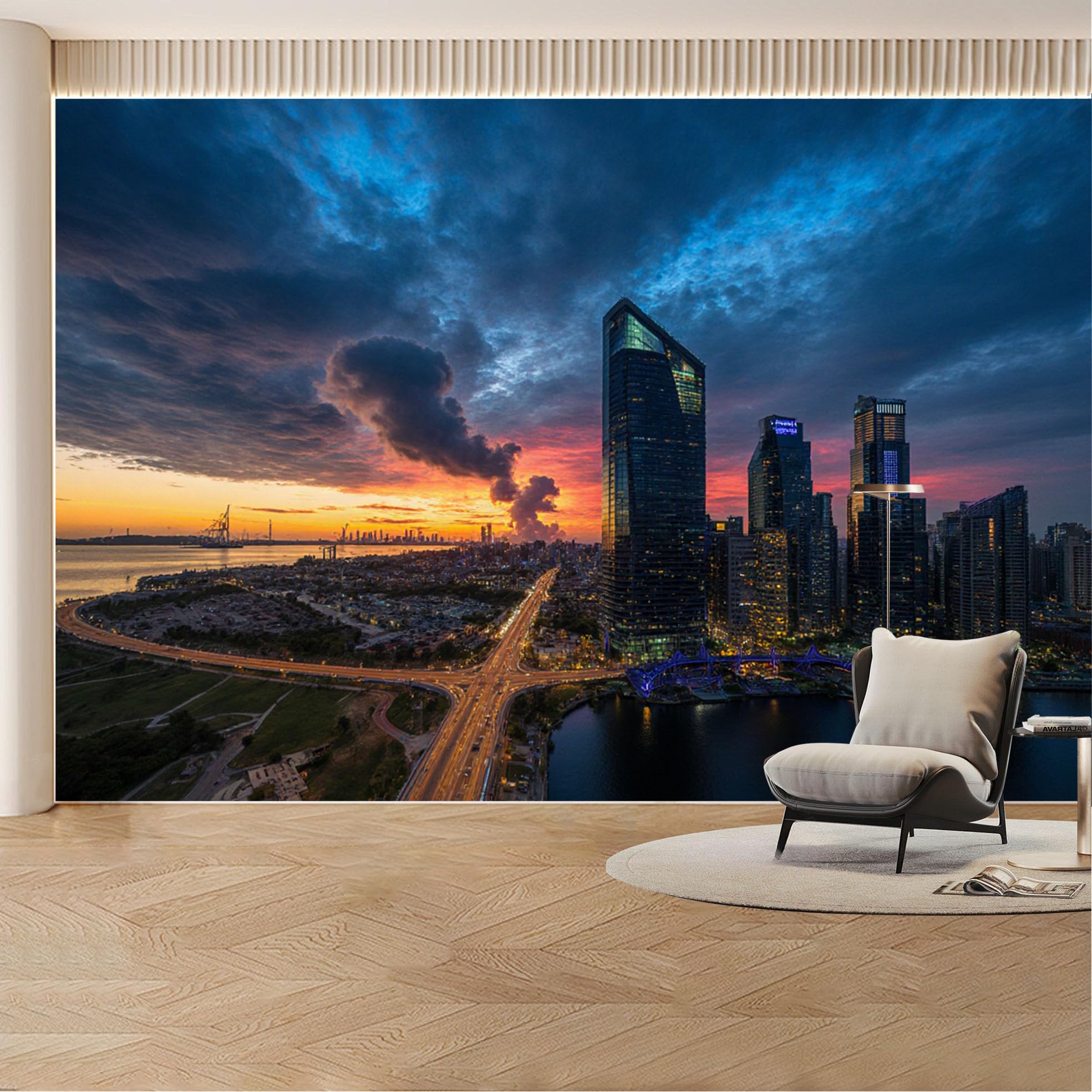 Custom Wall Mural Wallpaper City Skyline Sunset Landscape Modern Wall Decor Large Wall Art Urban Night View Luxury Removable SelfAdhesive Large Photo for Living Room， Bedroom， Office