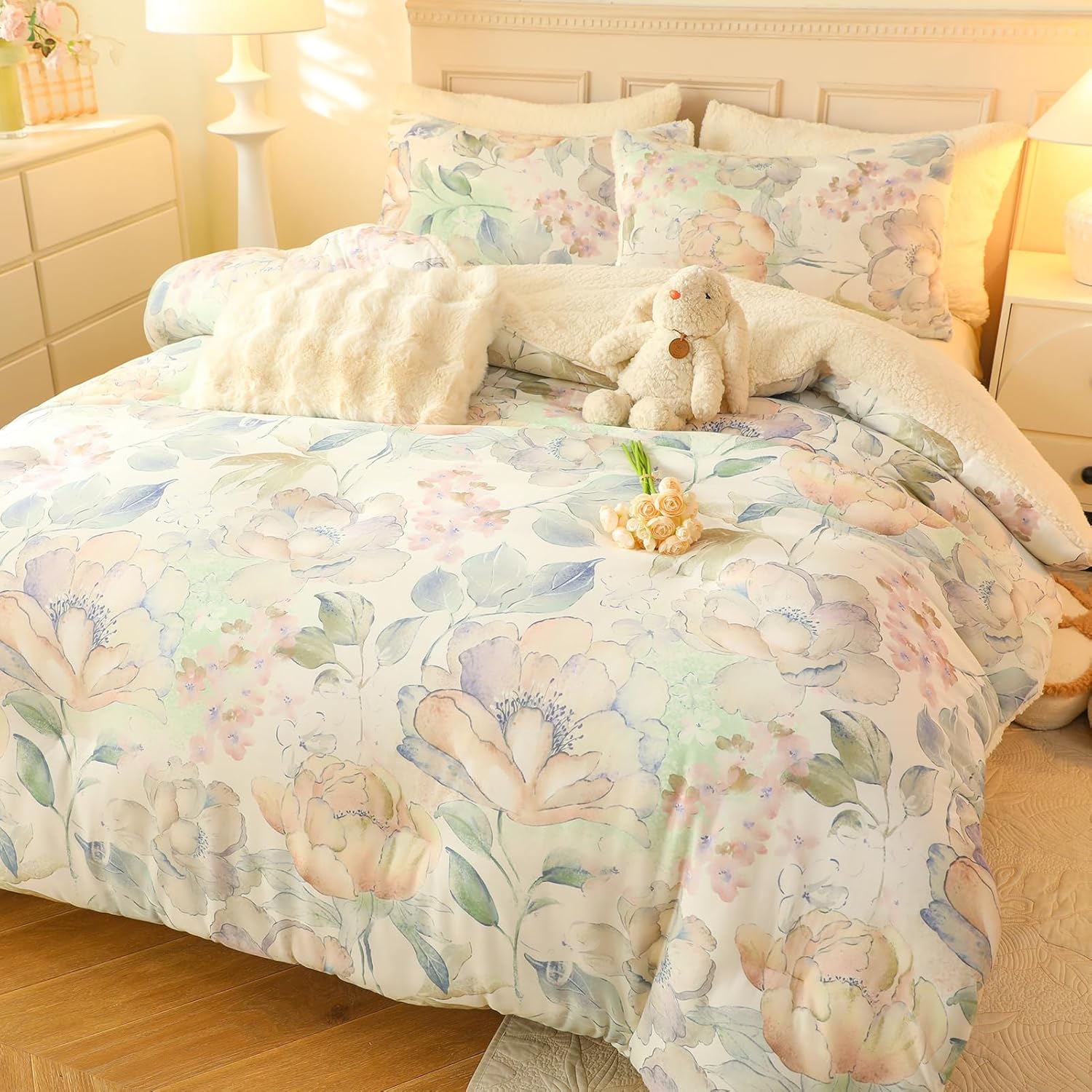 Cyusri Floral Print Sherpa Comforter Set 2Pcs Warm Fluffy Twin Size Bedding Set with 1 Pillowcase Garden Grey Flowers Pattern Down Alternative, 68"x90"