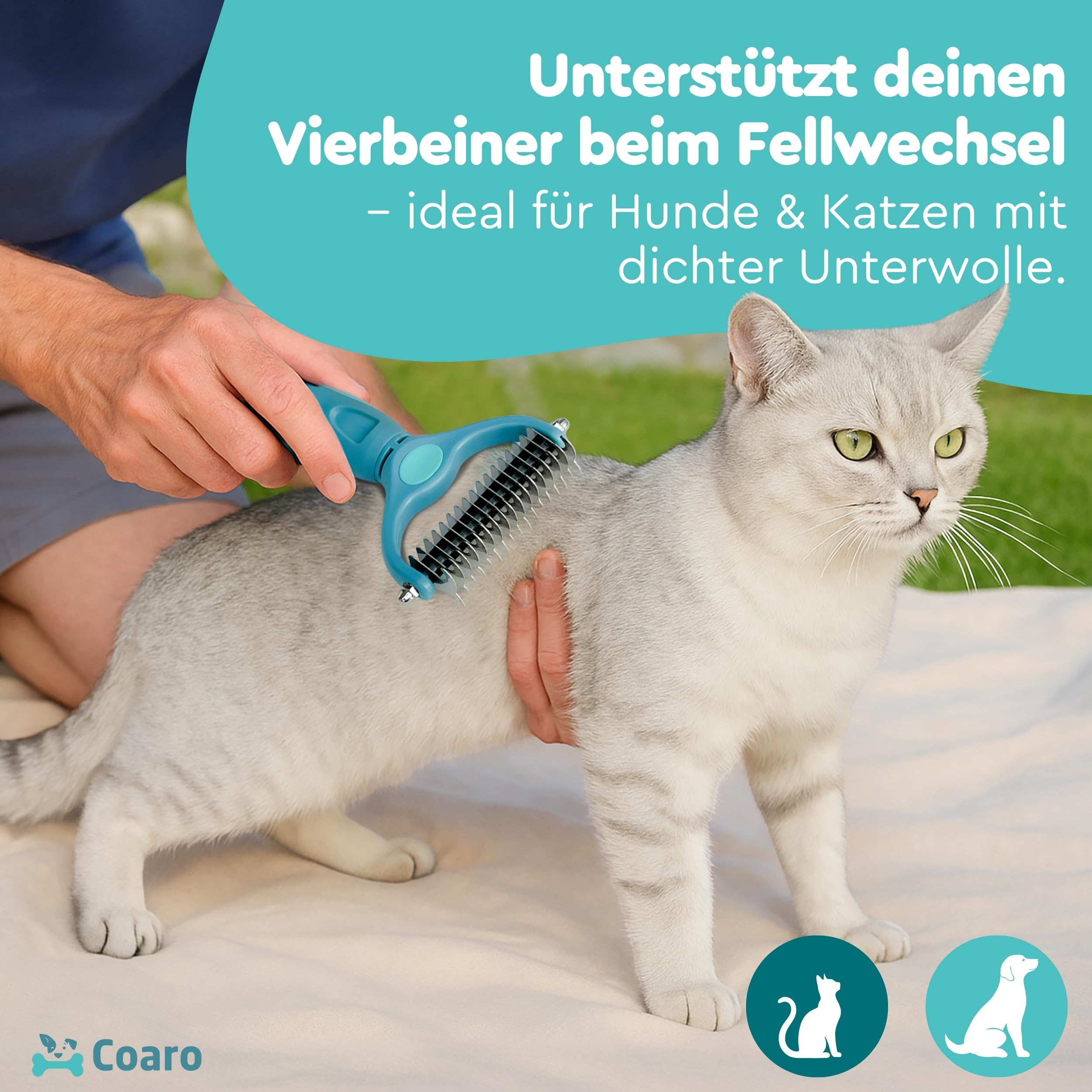 Unterwollbürste für Hunde und Katzen mit beidseitig geschliffenen Klingen für mühelose Fellpflege – rutschfester Komfortgriff für sicheren Halt – professionelle Fellbürste gegen lose Unterwolle