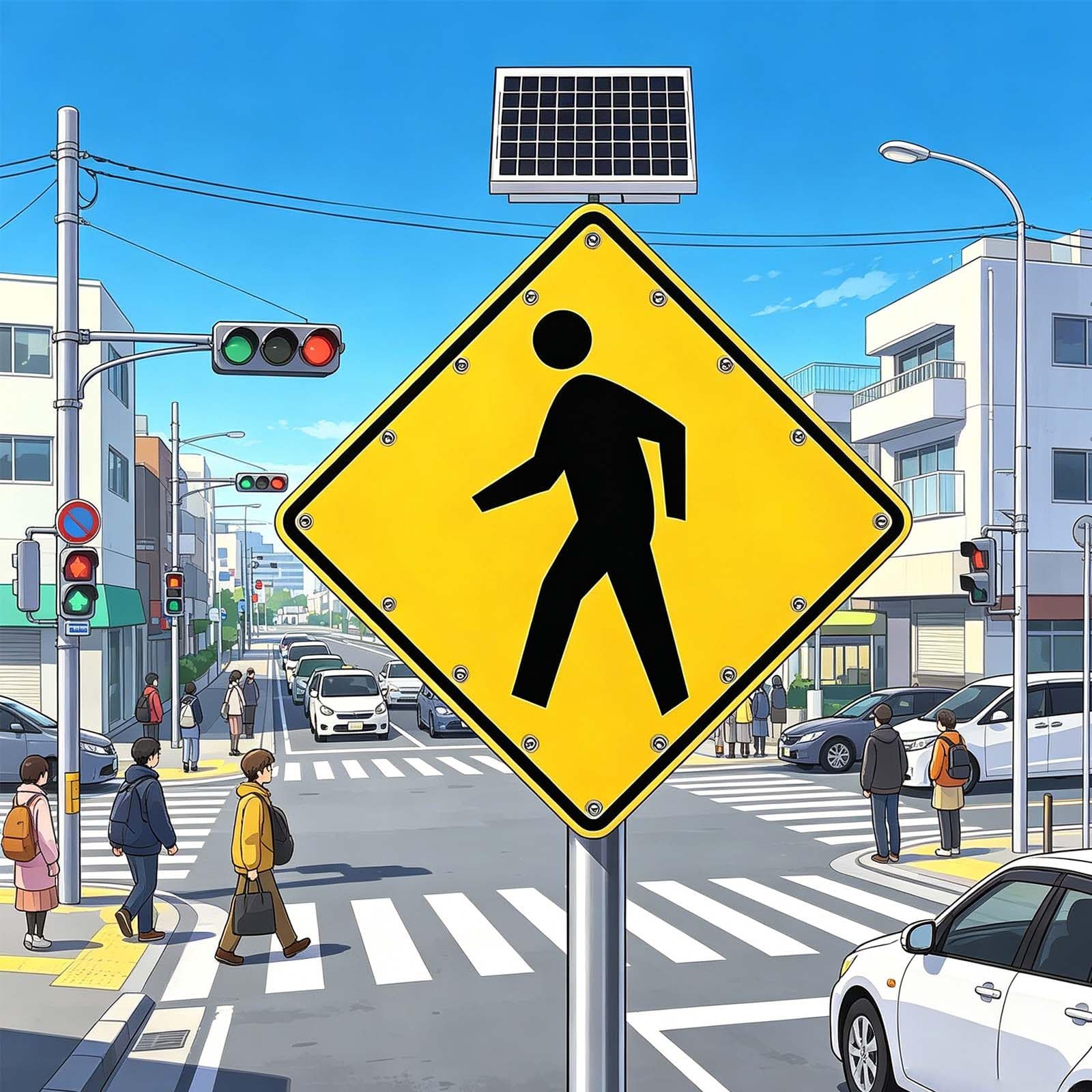QFGain Solar Powered Flashing Crossing Sign, Ultra-Bright LED Sequential Warning Beacon for Roundabout or Park Entrance, Auto Dusk-to-Dawn, IP65 24in