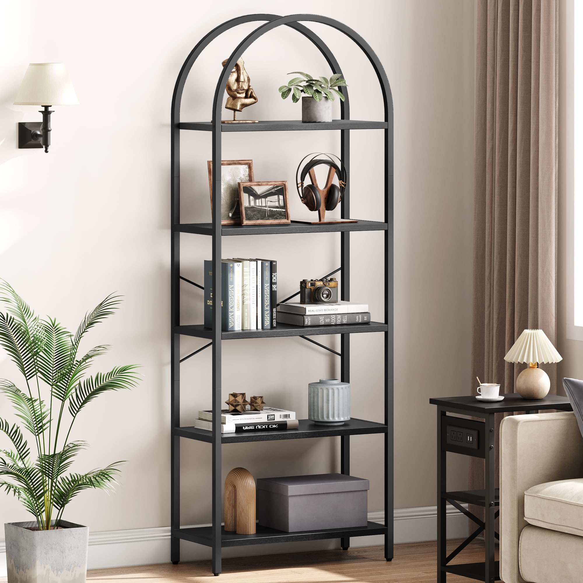 HomeEterna Arched Display Racks Bookshelf 5 Tier Bookcase Tall Standing Bookshelves Metal Frame Modern Storage Rack Shelf Large Wood Book Shelf