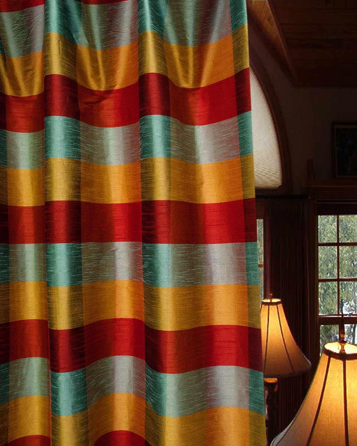 Avalon Blue,Gold &Red Buffalo Checked Faux Silk Living Room Window Lined Rod Pocket Curtain Panel Drape (52" W X 108" L)