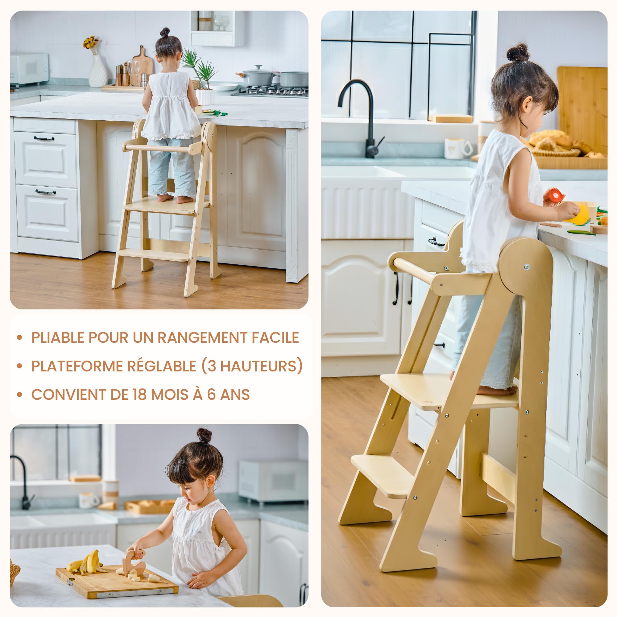 Tour d'Observation Montessori Pliable Bois de Bouleau 80kg 3 Hauteurs Réglables CE Sécurité Anti-Basculement Dès 18 Mois