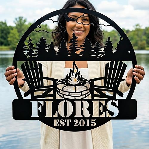 Miniatura 2 de Customizable Metal Sign for Your Perfect Mountain Getaway - Featuring Fire Pit and Scenic View, Personalized Family Badge with Fire Pit - Create