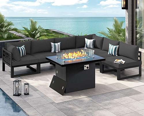 Miniatura 11 de NICESOUL 7 Piece White Powder-Coated Aluminum Patio Furniture with Fire Pit Table, 29 Inch Extra Wide Outdoor Sectional Sofa for 6, High-End Heavy