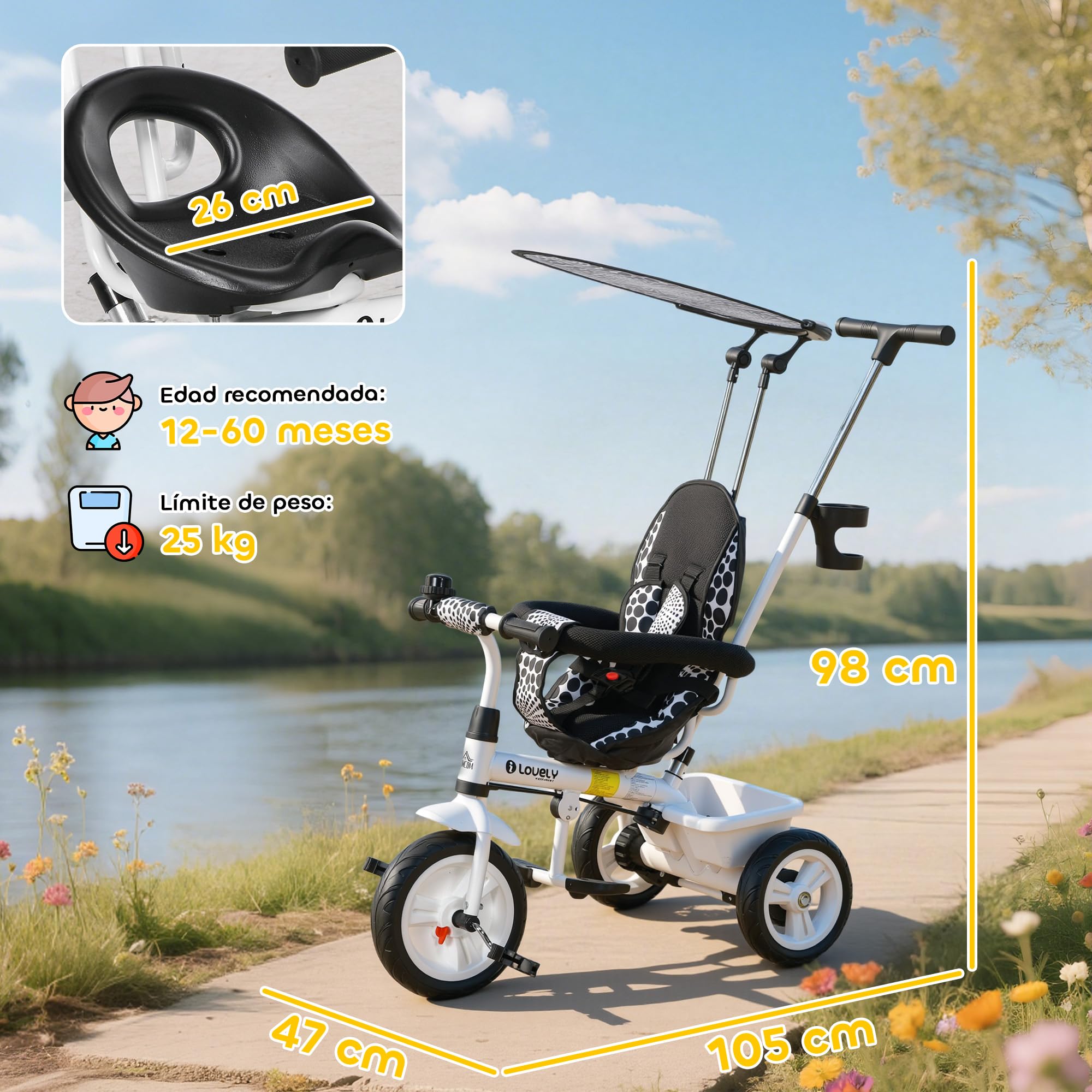 HOMCOM Triciclo para Bebés 6 en 1 Triciclo Evolutivo para Niños de +12 Meses con Toldo Plegable Mango de Empuje Telescópico y Desmontable Asiento Ajustable Cesto y Portabotellas Blanco