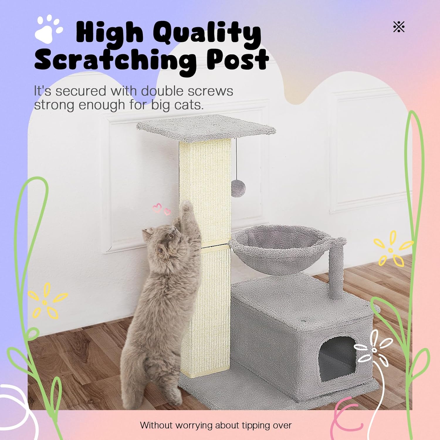 review Cat Tree Tower with Perch, Cat Tower for Indoor Cats, Cat Tree with Hammock, 31 Inches Tall Adult Cat Trees with Sisal Scratching Post and Fluffy Ball, Cat Condo for Large Cats, Gray