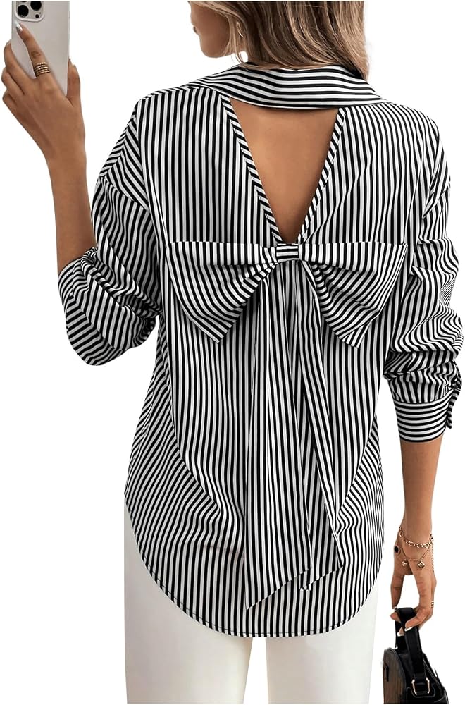 MakeMeChic Women's Striped Bow Tie Button Down Shirts Cut Out Long
