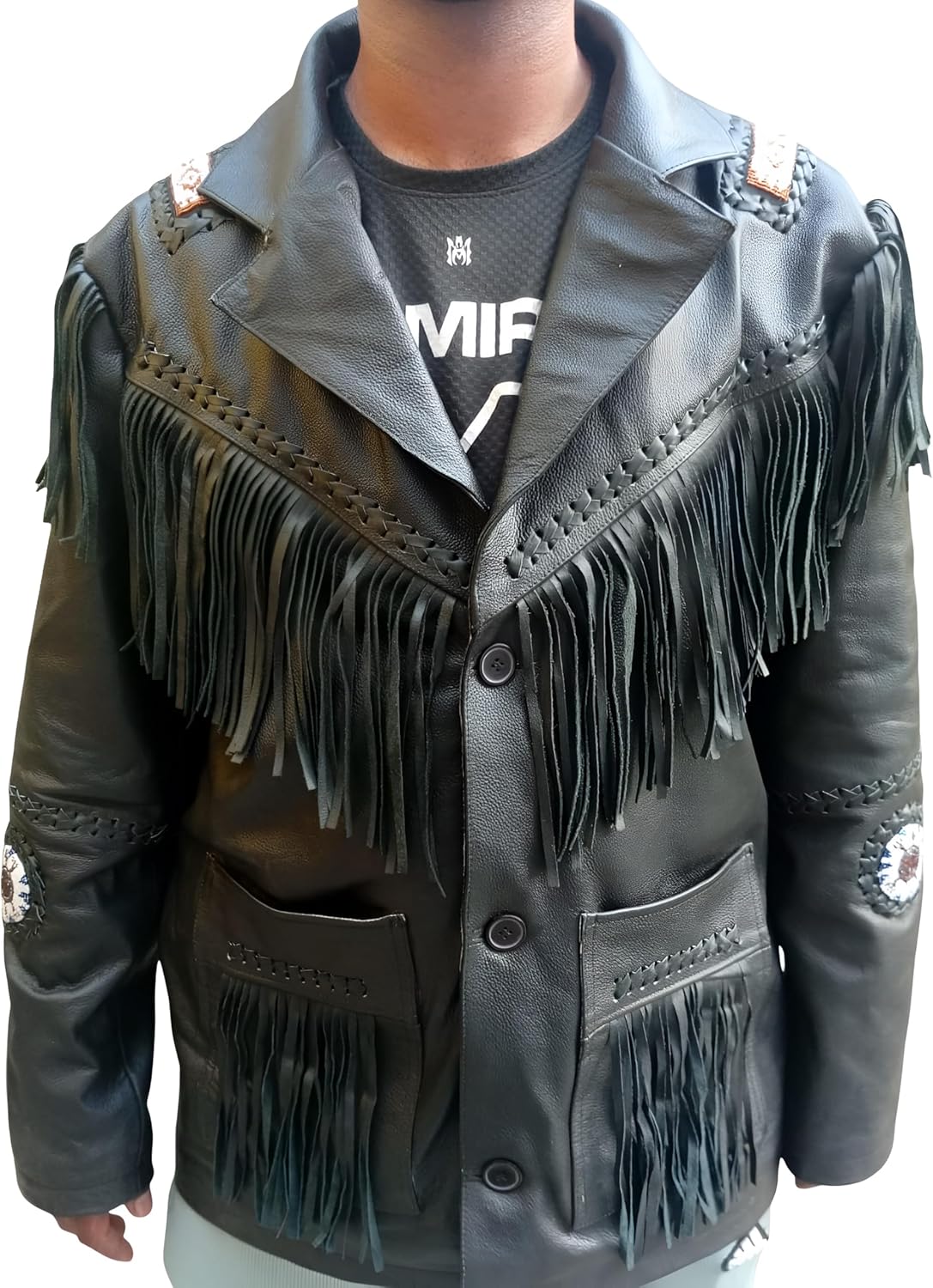 G.L Fringe Cowboy Leather Jacket for Men - (Color - Black)