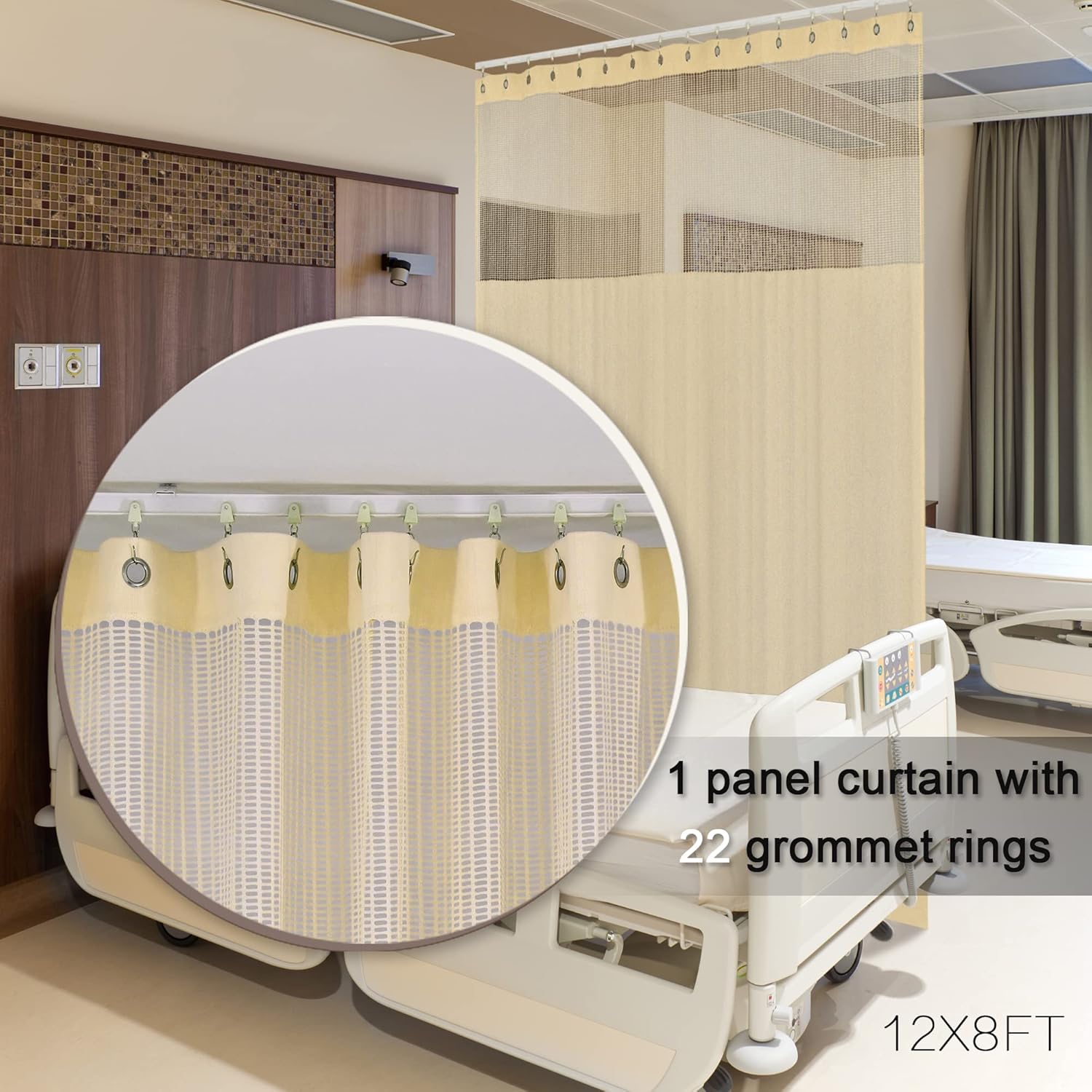 MAIHER Medical Privacy Flexible Grommet Room Divider Curtains, Stripe Divider SPA Lab Inherent Flame Retardant Curtain for Hospital, Living Room, Clinic, School Nursery, (1 Panel, Beige, 12x8ft)