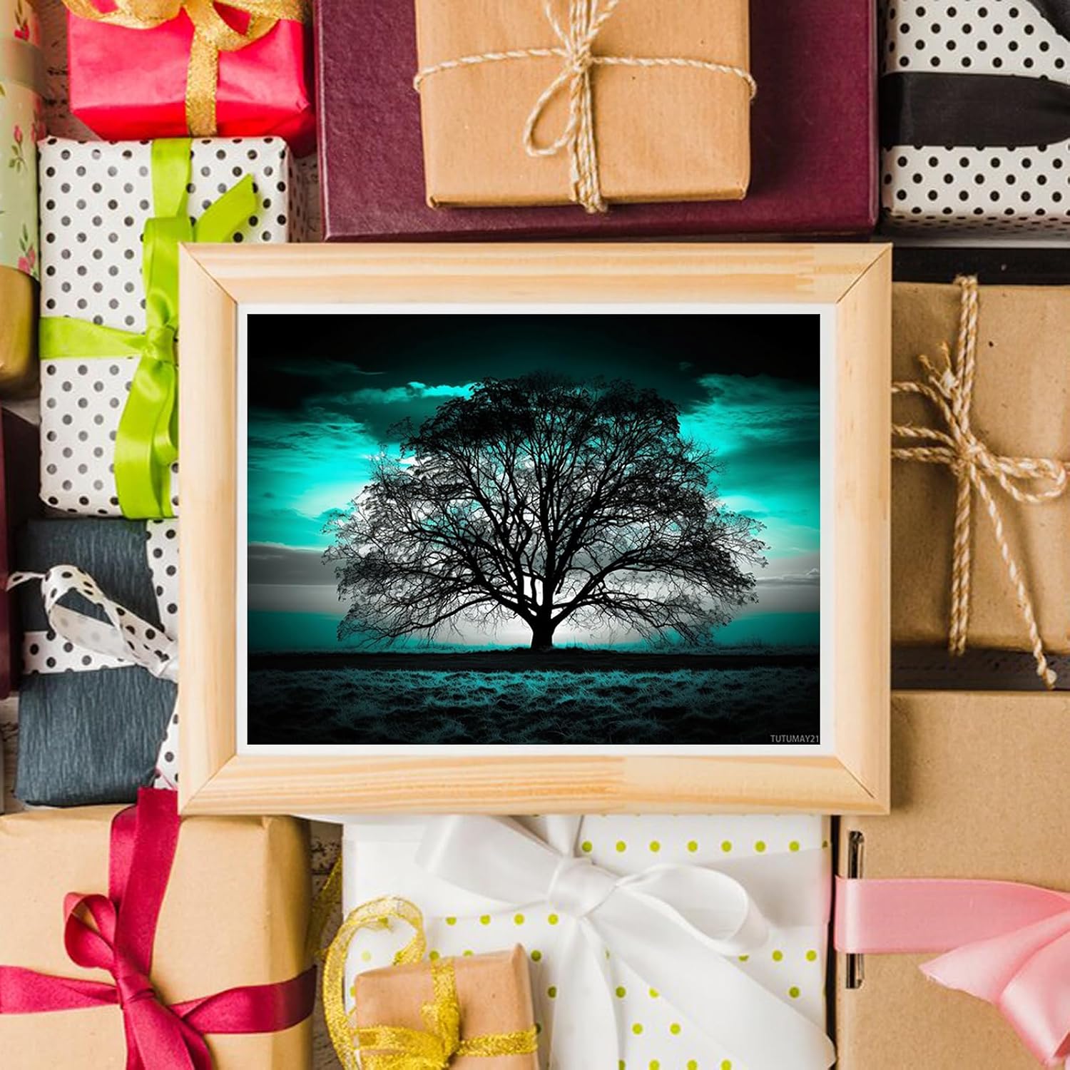 TUTUMAY21 DIY 5D Diamond Art Kits Painting for Adults Black and White Tree Under Sunset Black and Teal 12x16 inch