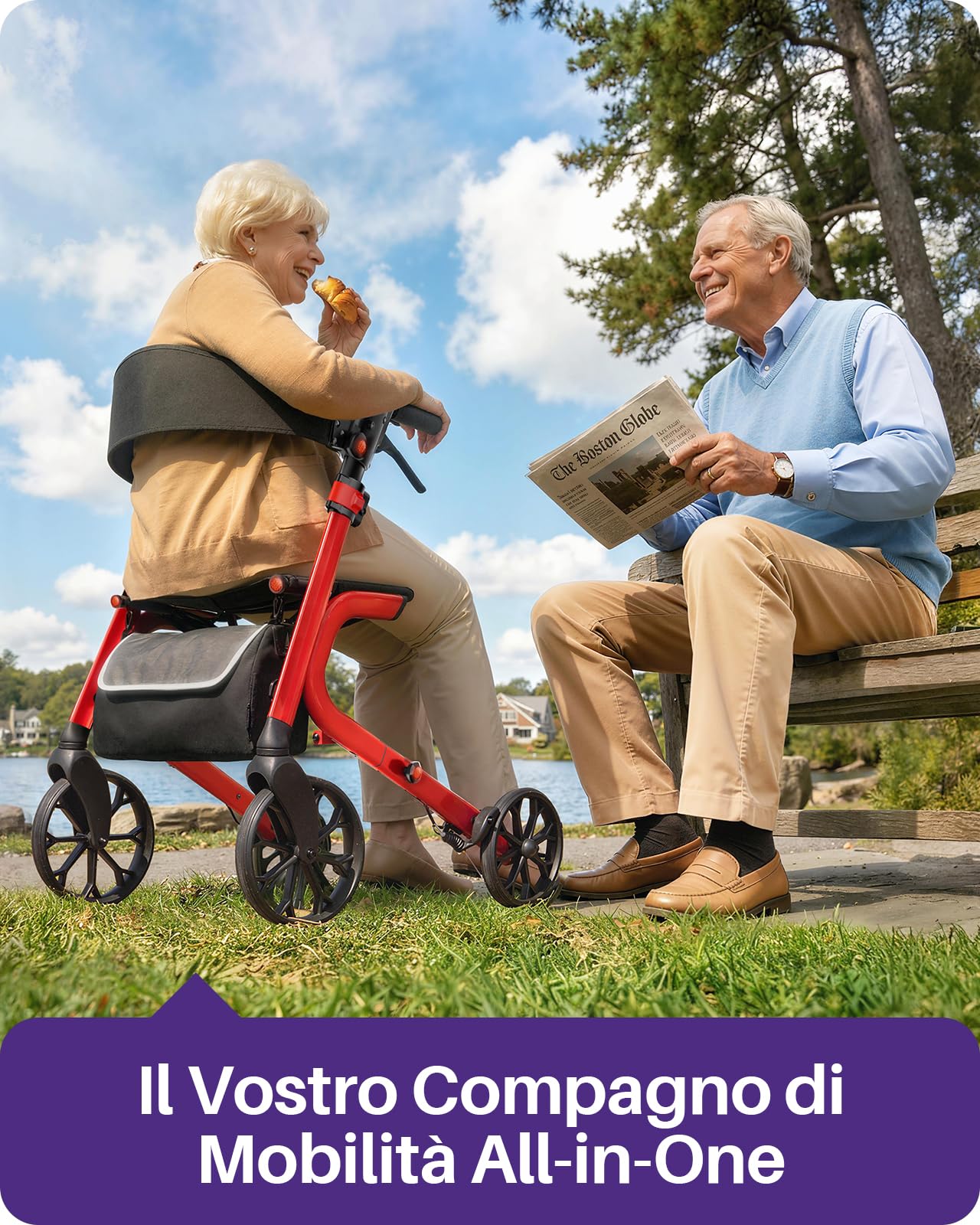 Kekoy Deambulatore per Anziani 4 Ruote con Seduta, Pieghevole, 181 kg Portata, Sedile 44 cm Largo, Ruote 25 cm Per Tutti I Terreni, Altezza Regolabile, Freni con Cavi Nascosti, Portaoggetti, Rosso