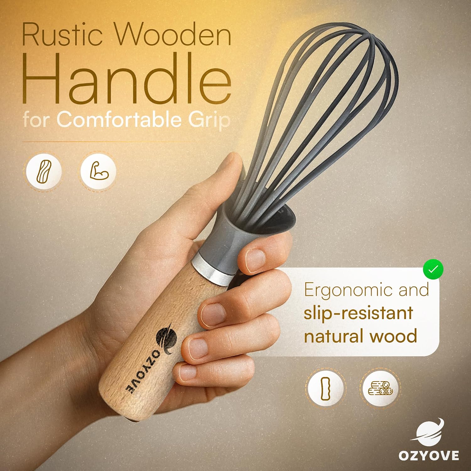Modern Kitchen Whisk with Wooden Handle, Gray Silicone Wires, Professional Balloon Style for Mixing, Blending, Cooking, Utensil for Whisking Beating Frothing image 4